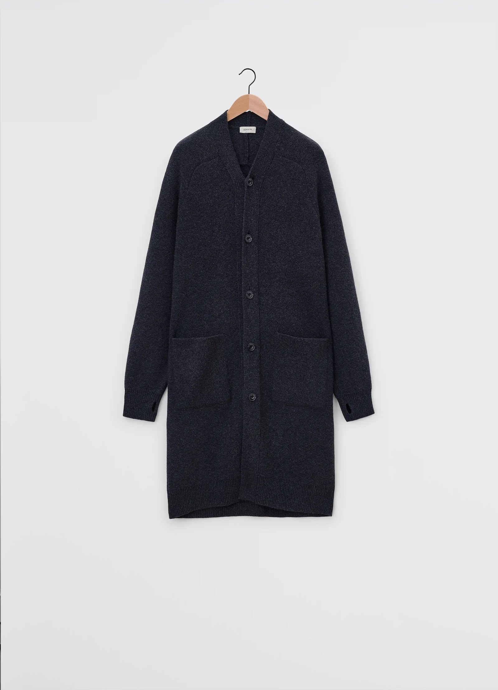 Lemaire long cardigan in dark lambswool, product shot, back view patch pockets, crew neck