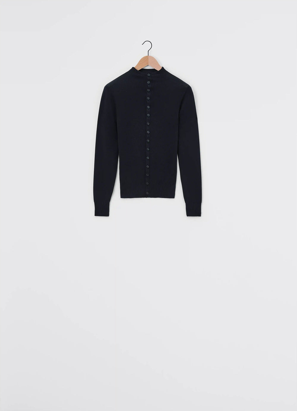 Lemaire Fitted Seamless Cardigan in Black Merino Wool, product shot, back view buttoned back