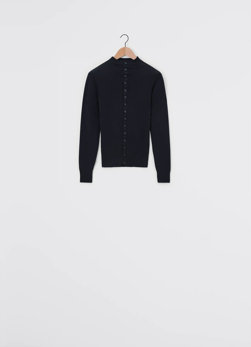 Lemaire Fitted Seamless Cardigan in Black Merino Wool, product shot, back view buttoned back