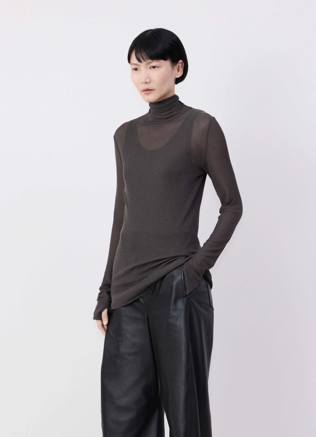 SEAMLESS HIGH NECK TOP - Dark Brown - Viscose Silk - Women | LEMAIRE