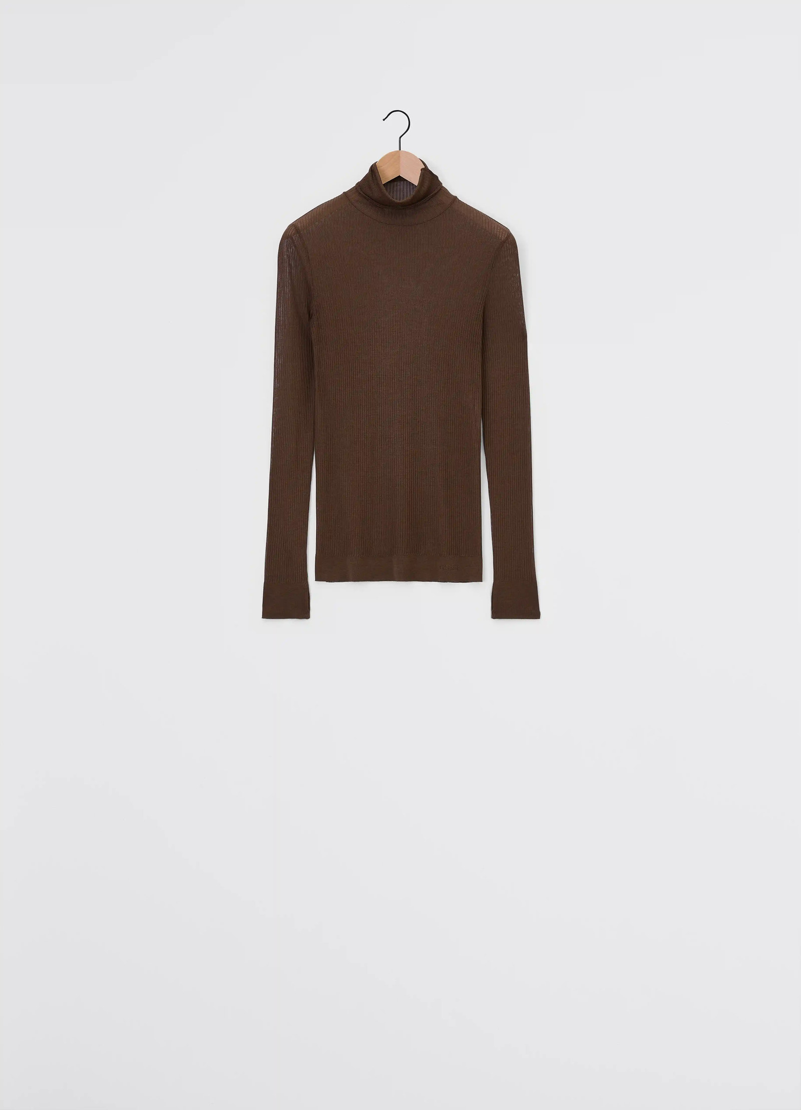 Emo seamless high neck top in viscose silk brown, product shot, back view ribbed texture