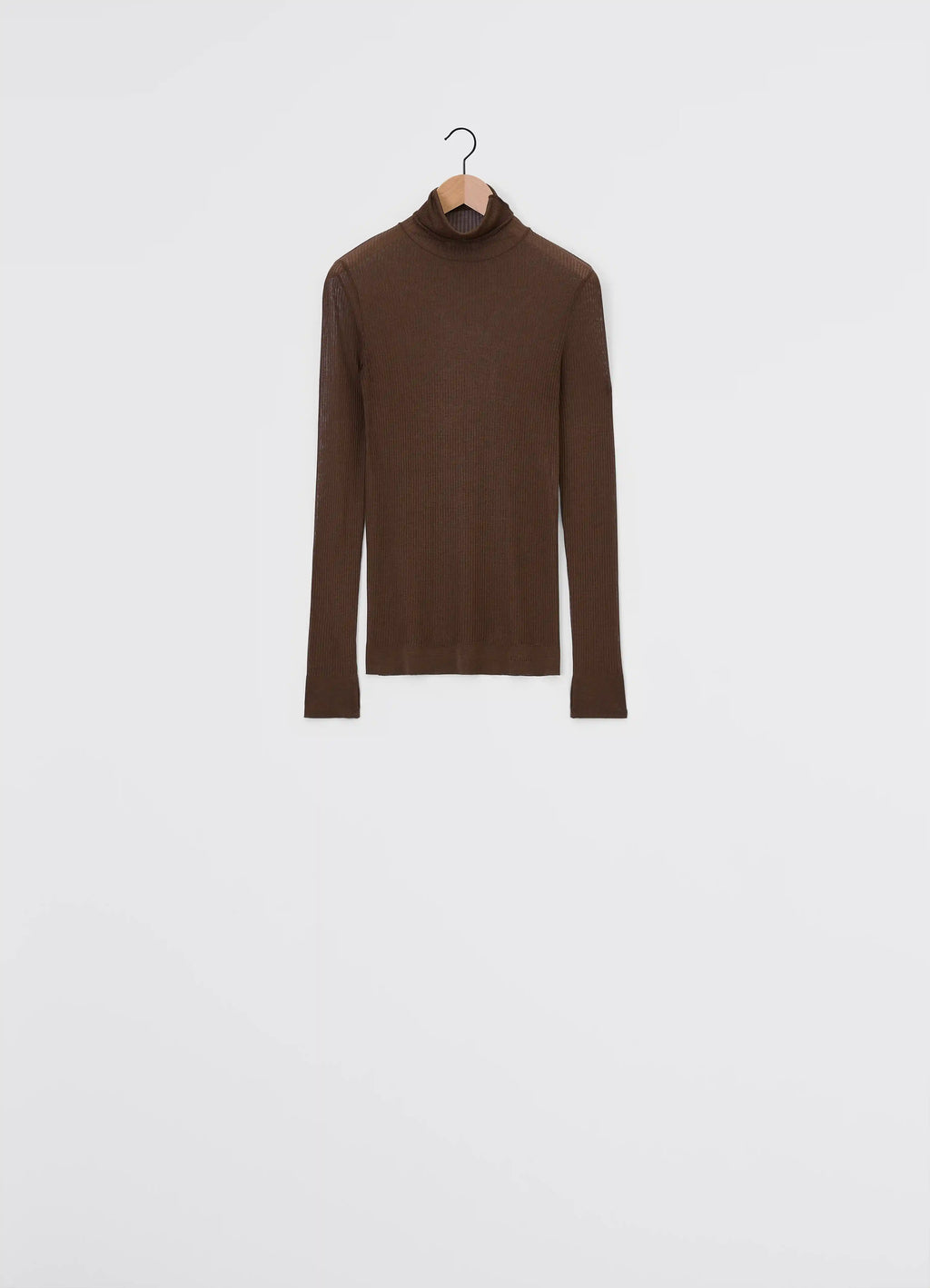 EMO Seamless High Neck Top in viscose silk brown, product shot, back view ribbed texture