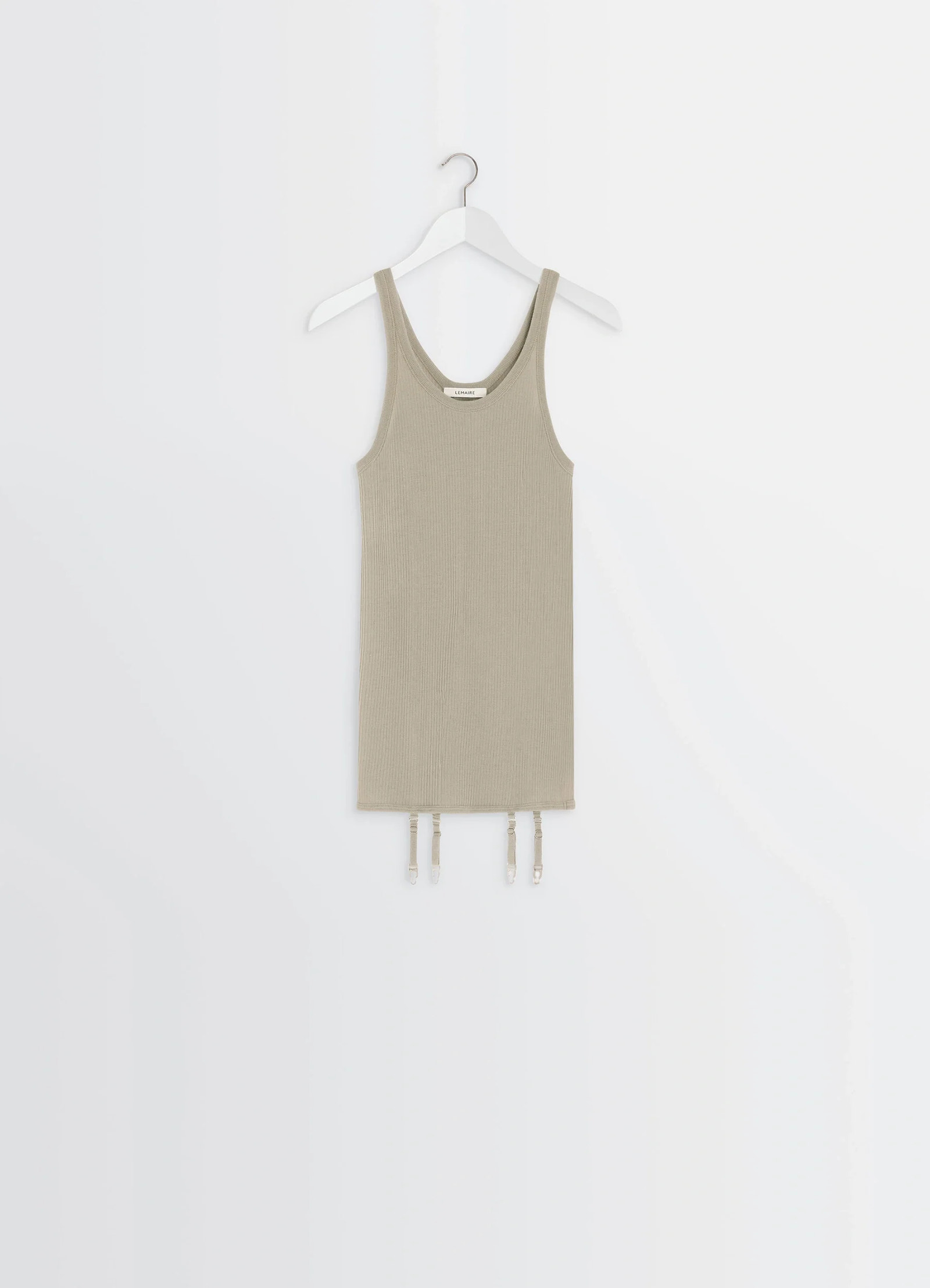 Lemaire seamless tank top in beige ribbed merino wool, product shot, hanger display view suspenders hanging down