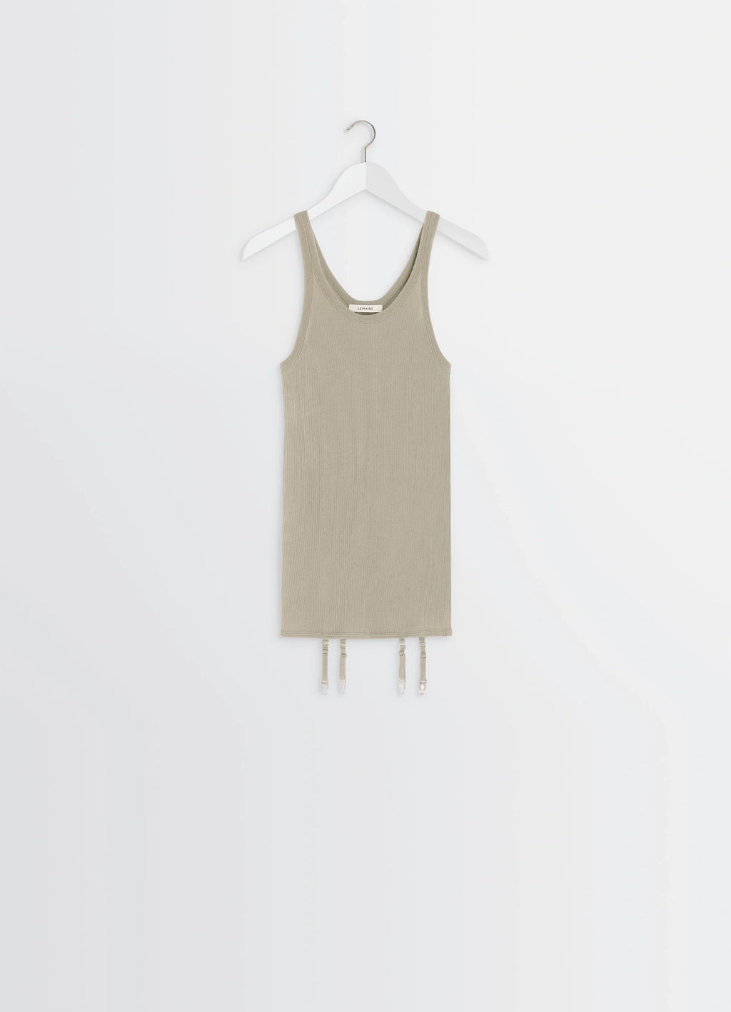 Lemaire Seamless Tank Top in Beige Ribbed Merino Wool, product shot, hanger display view suspenders hanging down