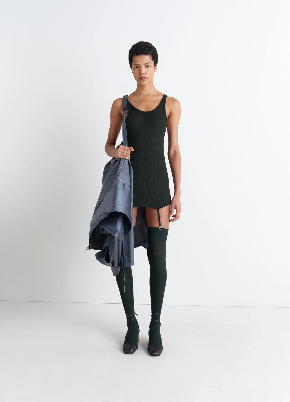 SEAMLESS TANK TOP WITH SUSPENDERS in Ribbed merino wool, model shot, full body view longline tank with suspenders
