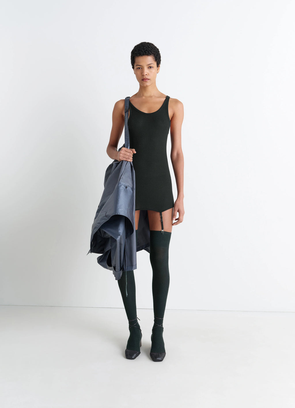 SEAMLESS TANK TOP WITH SUSPENDERS in Ribbed merino wool, model shot, full body view longline tank with suspenders