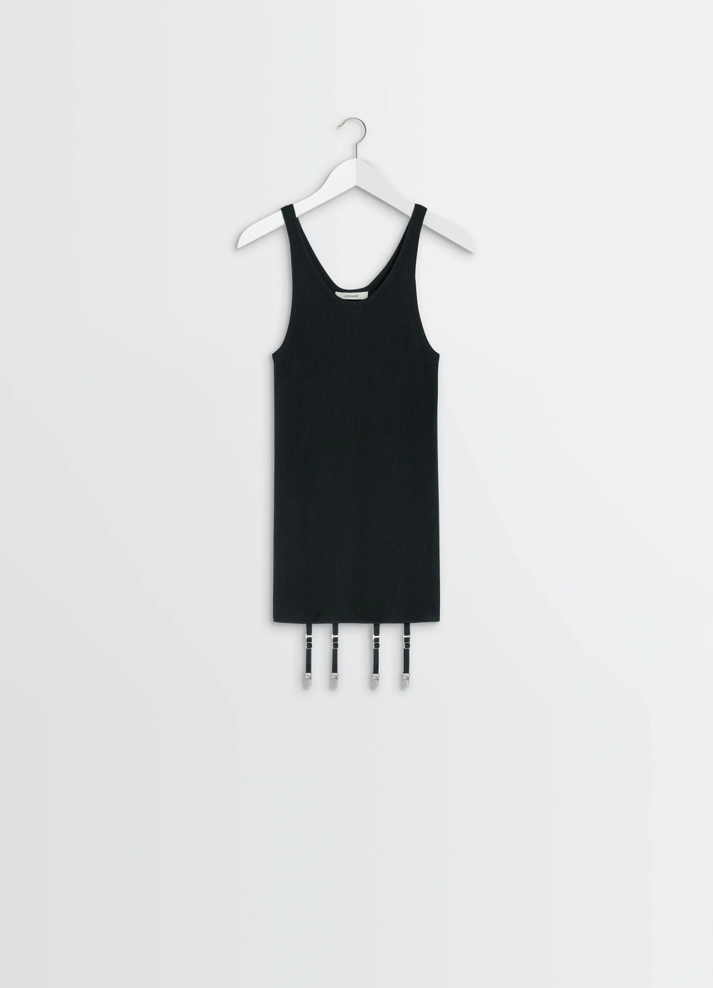 SEAMLESS TANK TOP WITH SUSPENDERS in Ribbed merino wool, product shot, hanger display view ribbed texture with suspenders