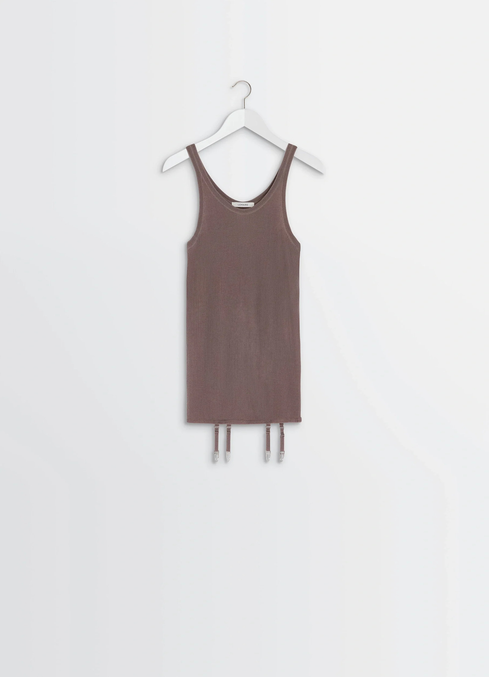 Lemaire seamless short sleeves tank in fine ribbed merino wool, product shot, hanger view suspenders dangling