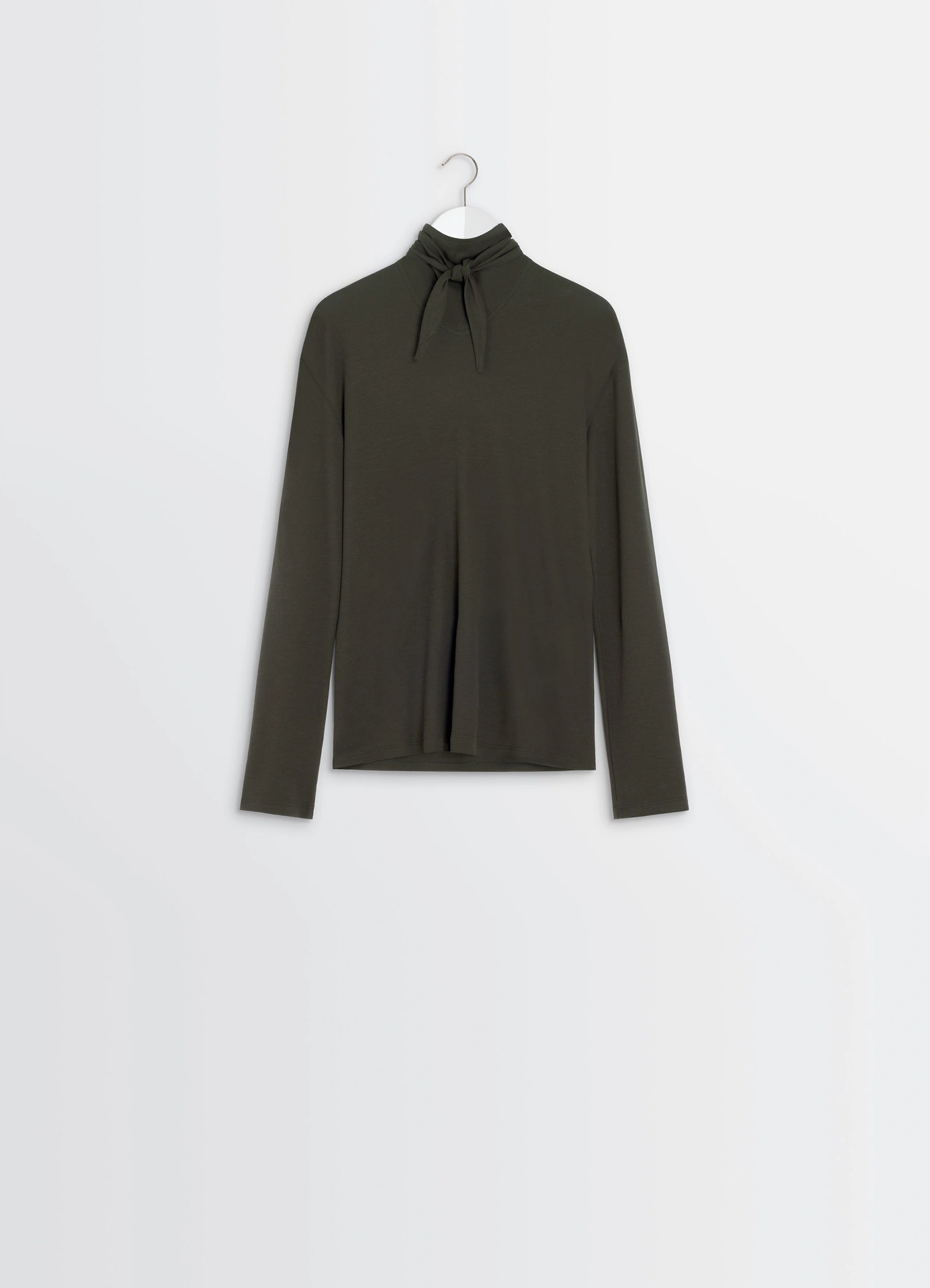 Lemaire long sleeve foulard top in soft-touch crepe jersey, product shot, hanger front view tie neck detail
