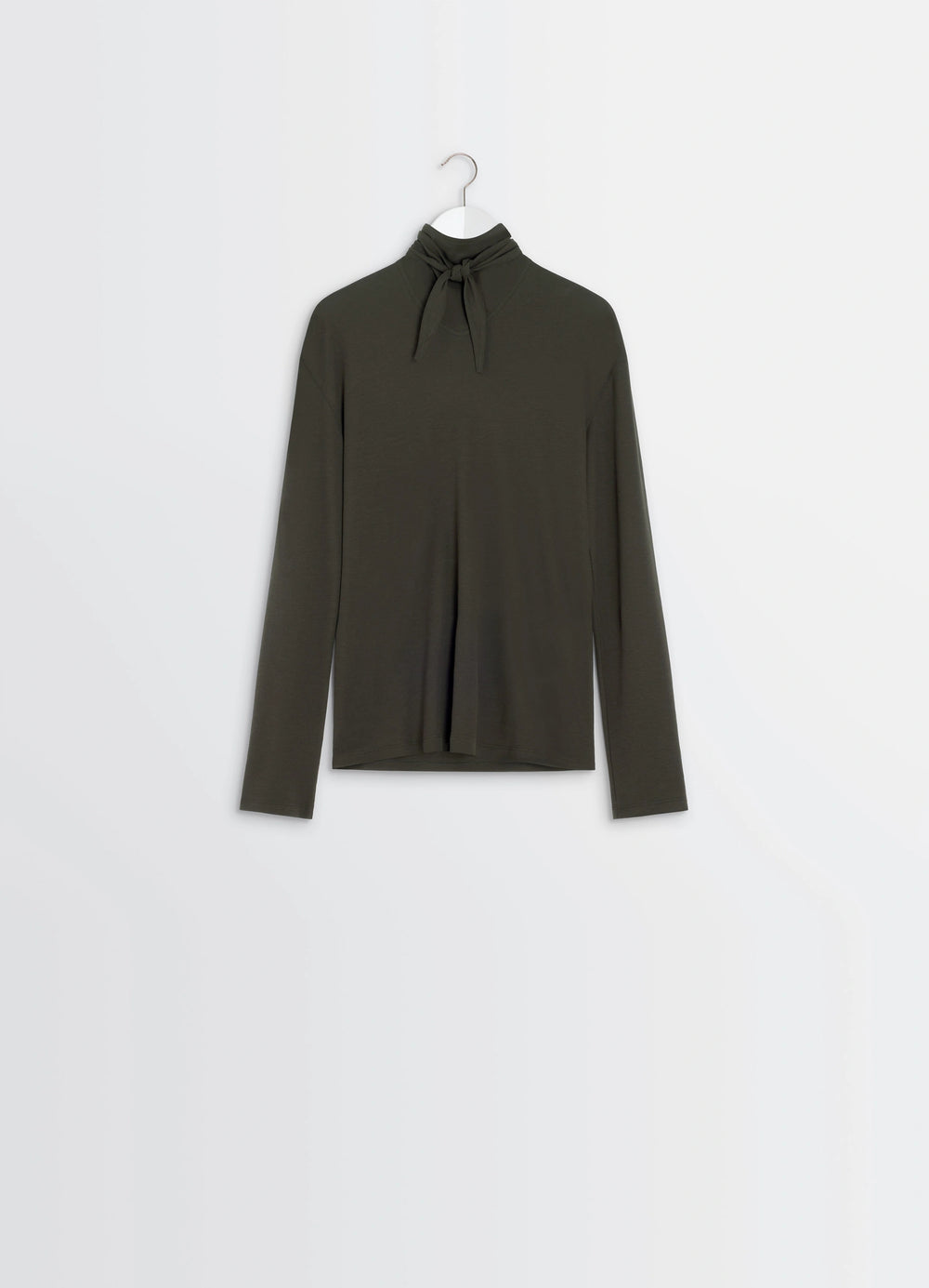 Lemaire Long Sleeve Foulard Top in Soft-touch Crepe Jersey, product shot, hanger front view tie neck detail