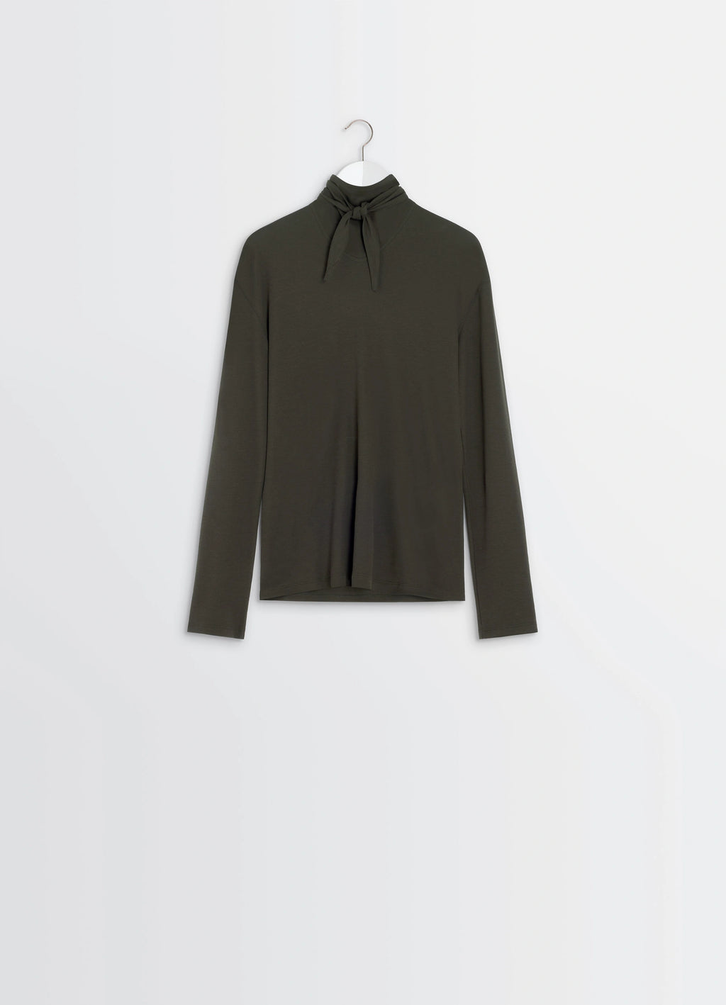 Lemaire Long Sleeve Foulard Top in Soft-touch Crepe Jersey, product shot, hanger front view tie neck detail