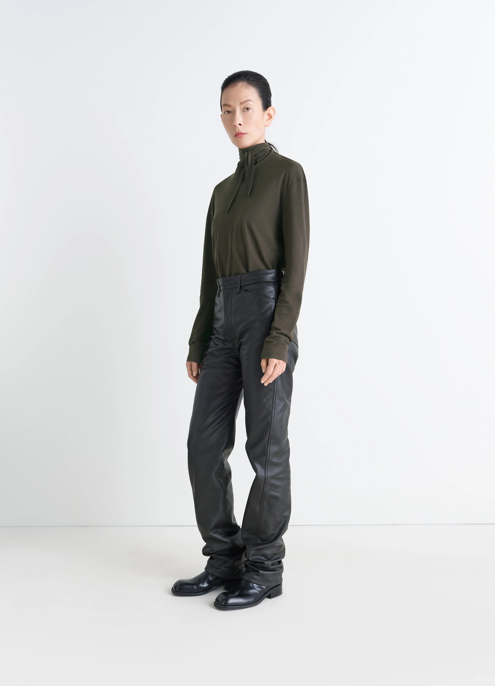 Lemaire long sleeve foulard top in soft-touch crepe jersey, model shot, 3/4 profile view turtleneck style