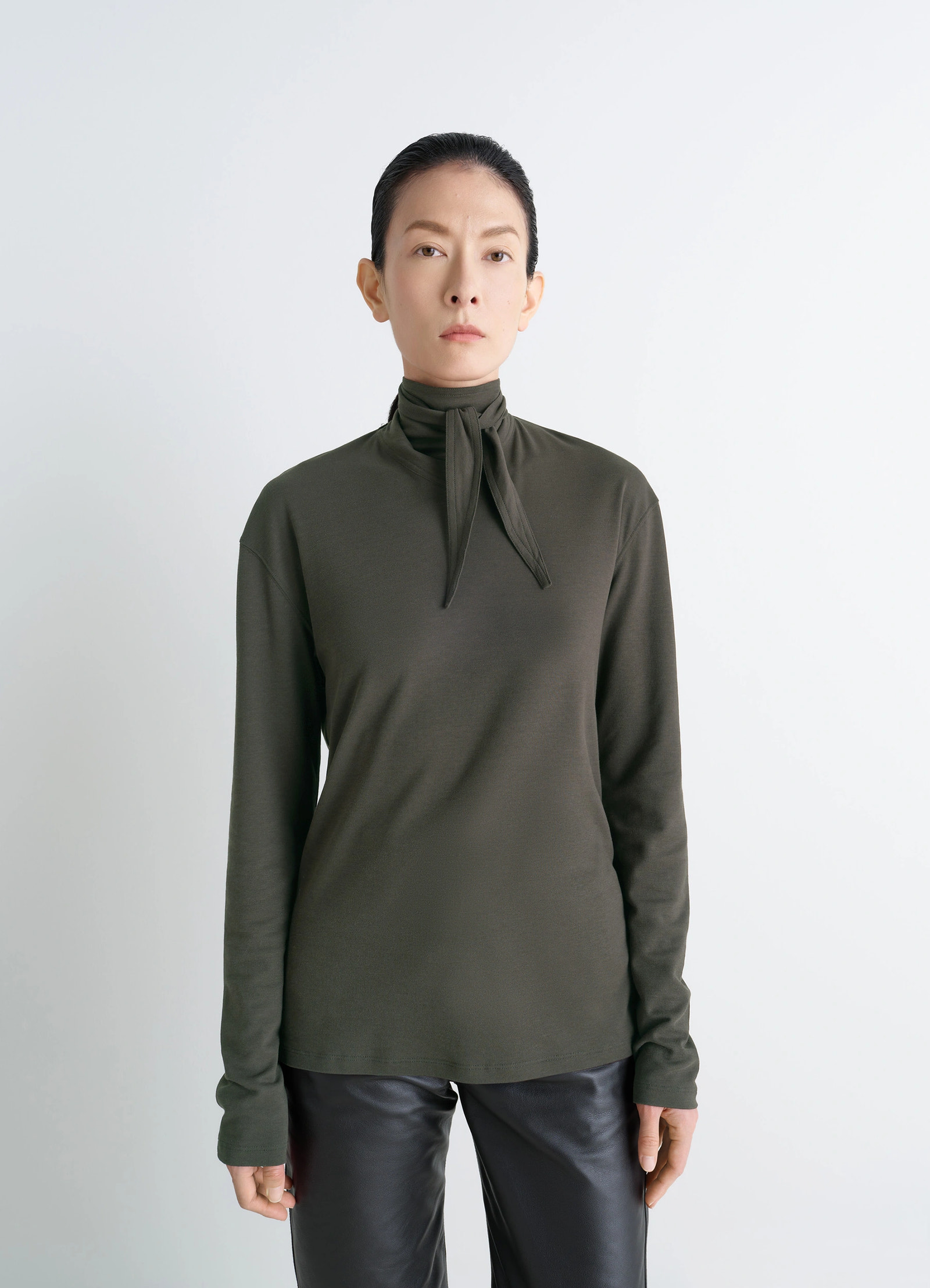 Lemaire long sleeve foulard top in soft-touch crepe jersey, model shot, front view scarf detail, relaxed fit
