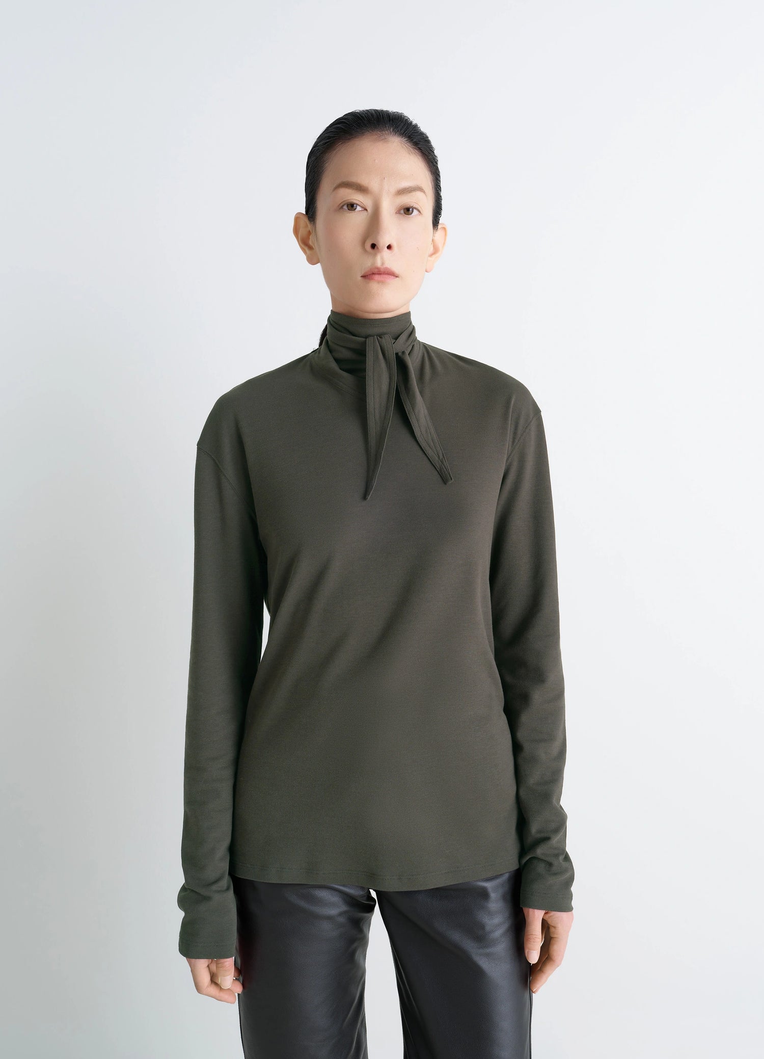 Lemaire Long Sleeve Foulard Top in Soft-touch Crepe Jersey, model shot, Front view Scarf detail, relaxed fit