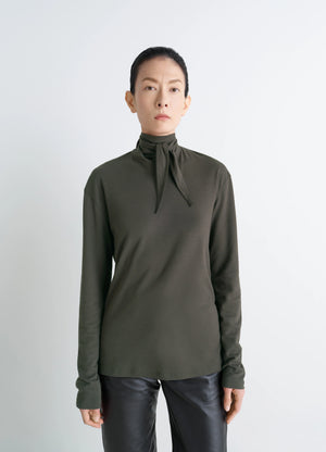 Lemaire Long Sleeve Foulard Top in Soft-touch Crepe Jersey, model shot, Front view Scarf detail, relaxed fit