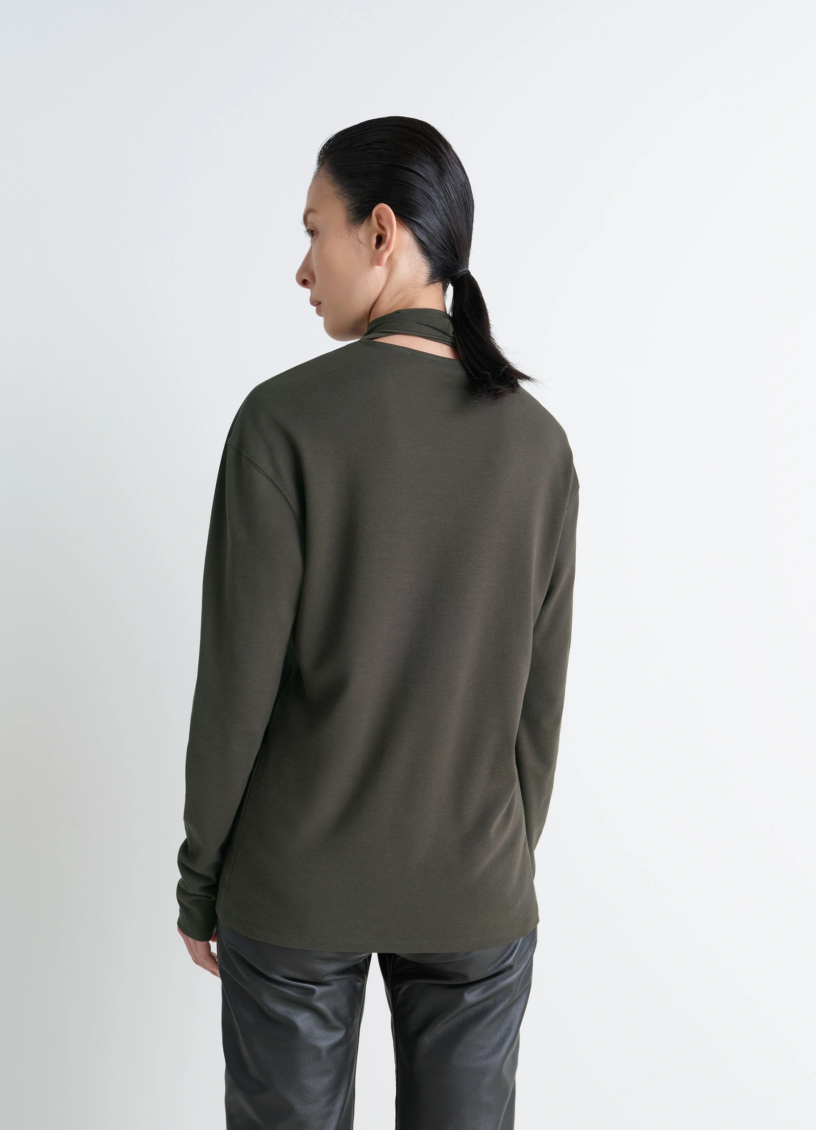 Lemaire long sleeve foulard top in soft-touch crepe jersey, model shot, back view scarf wrap detail