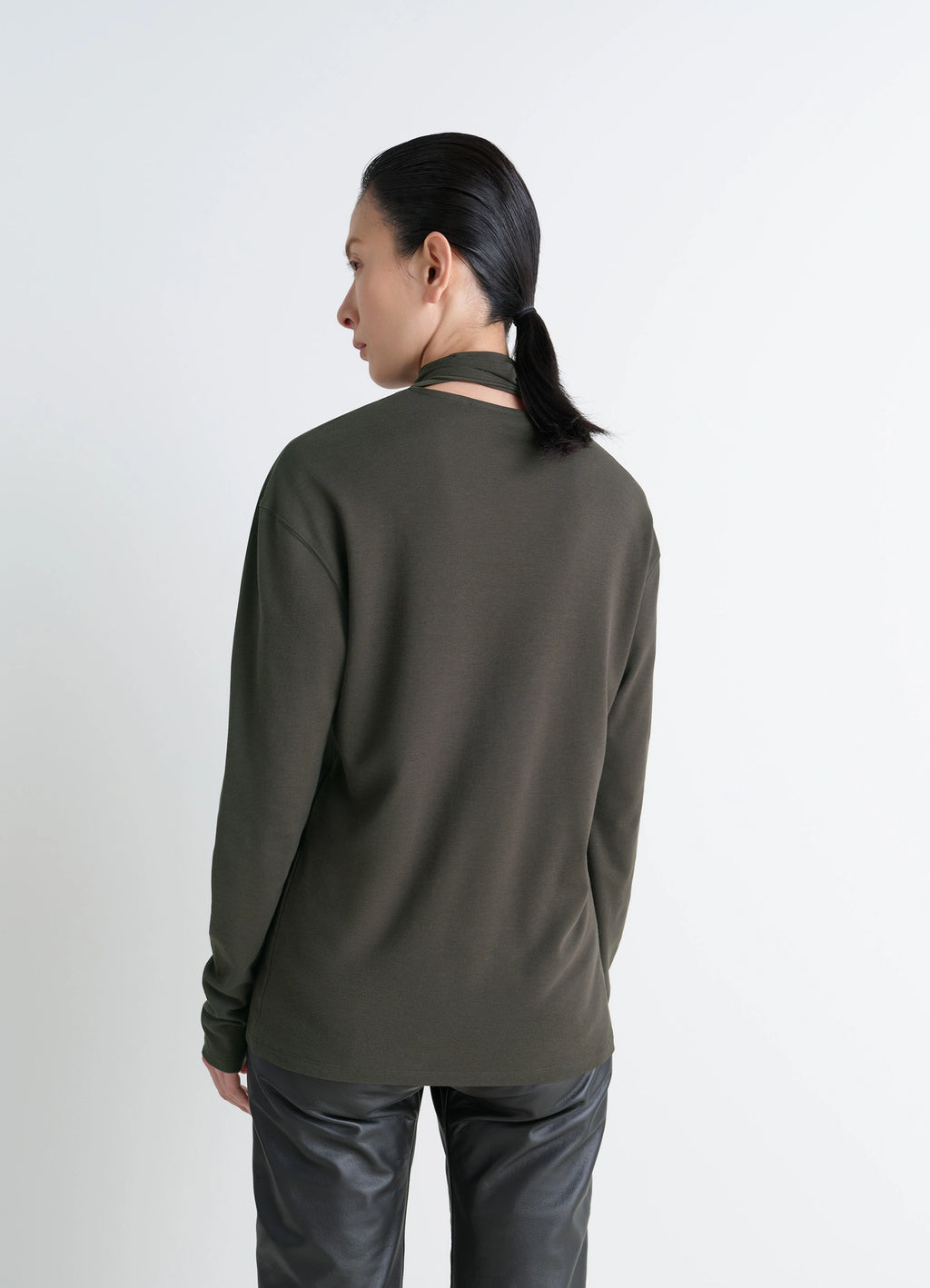 Lemaire Long Sleeve Foulard Top in Soft-touch Crepe Jersey, model shot, back view scarf wrap detail