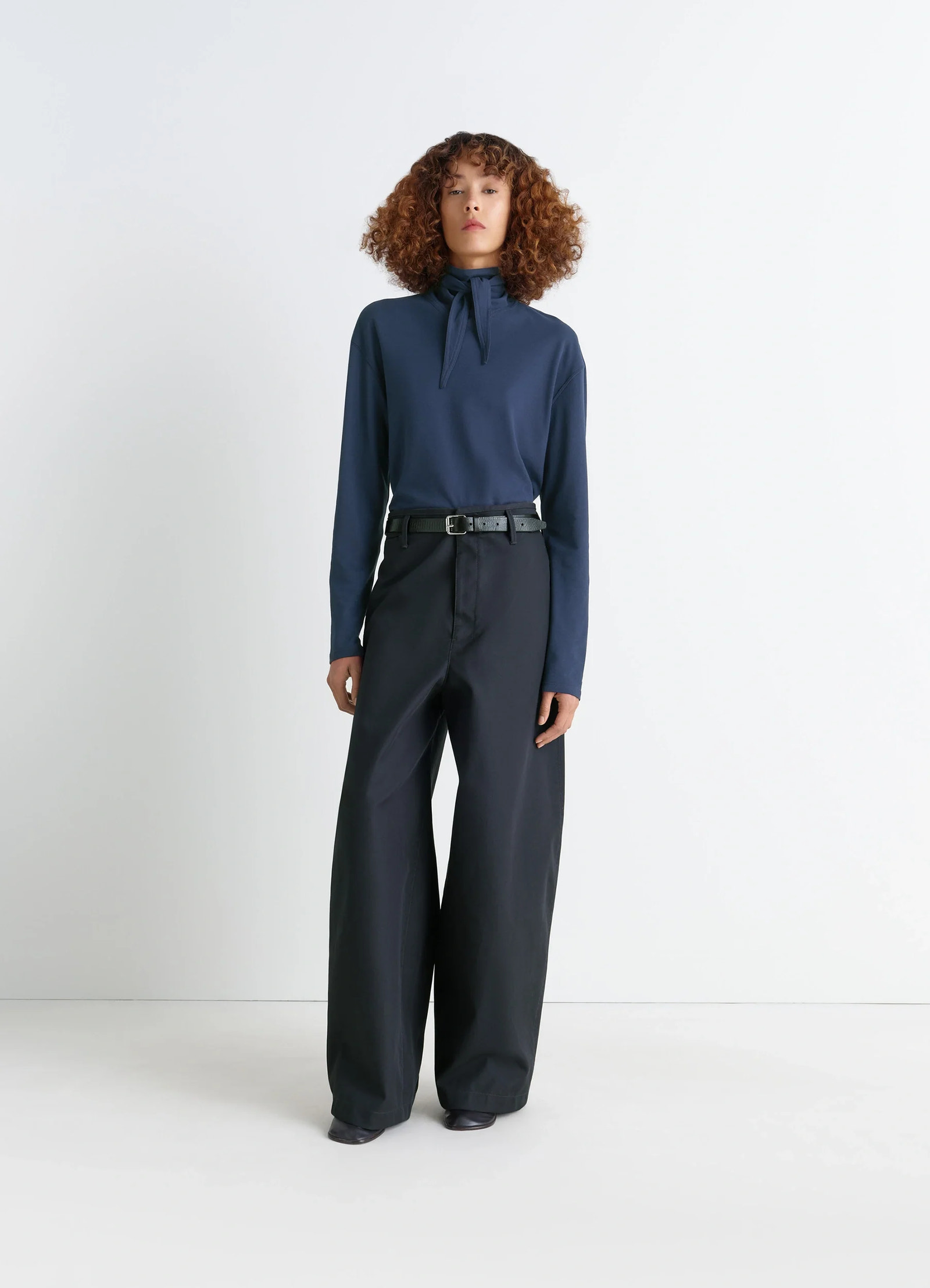 Lemaire long sleeve foulard top in soft-touch crepe jersey, model shot, full-body front view long sleeves, draped scarf