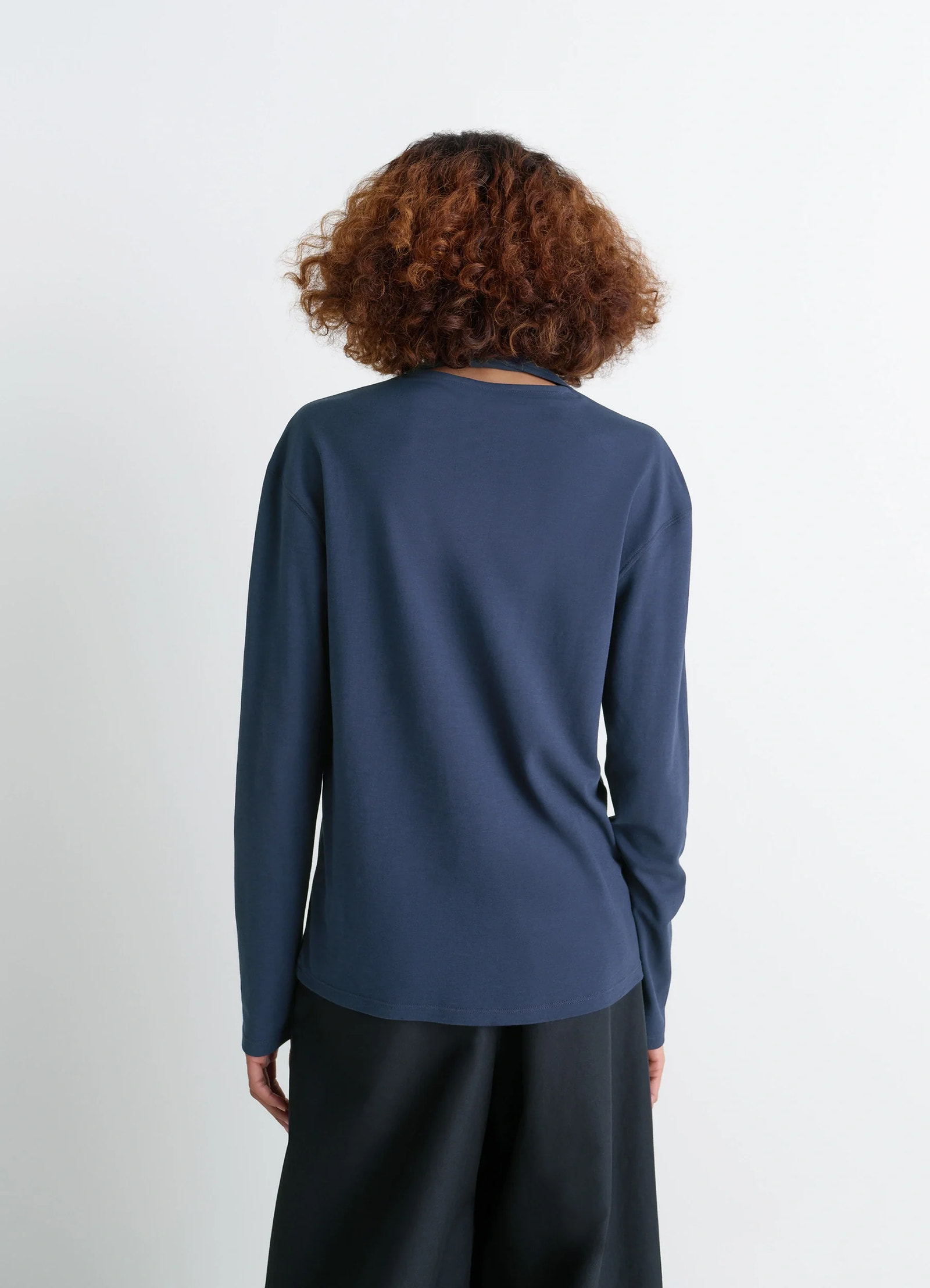 Lemaire long sleeve foulard top in soft-touch crepe jersey, model shot, back view draped scarf visible