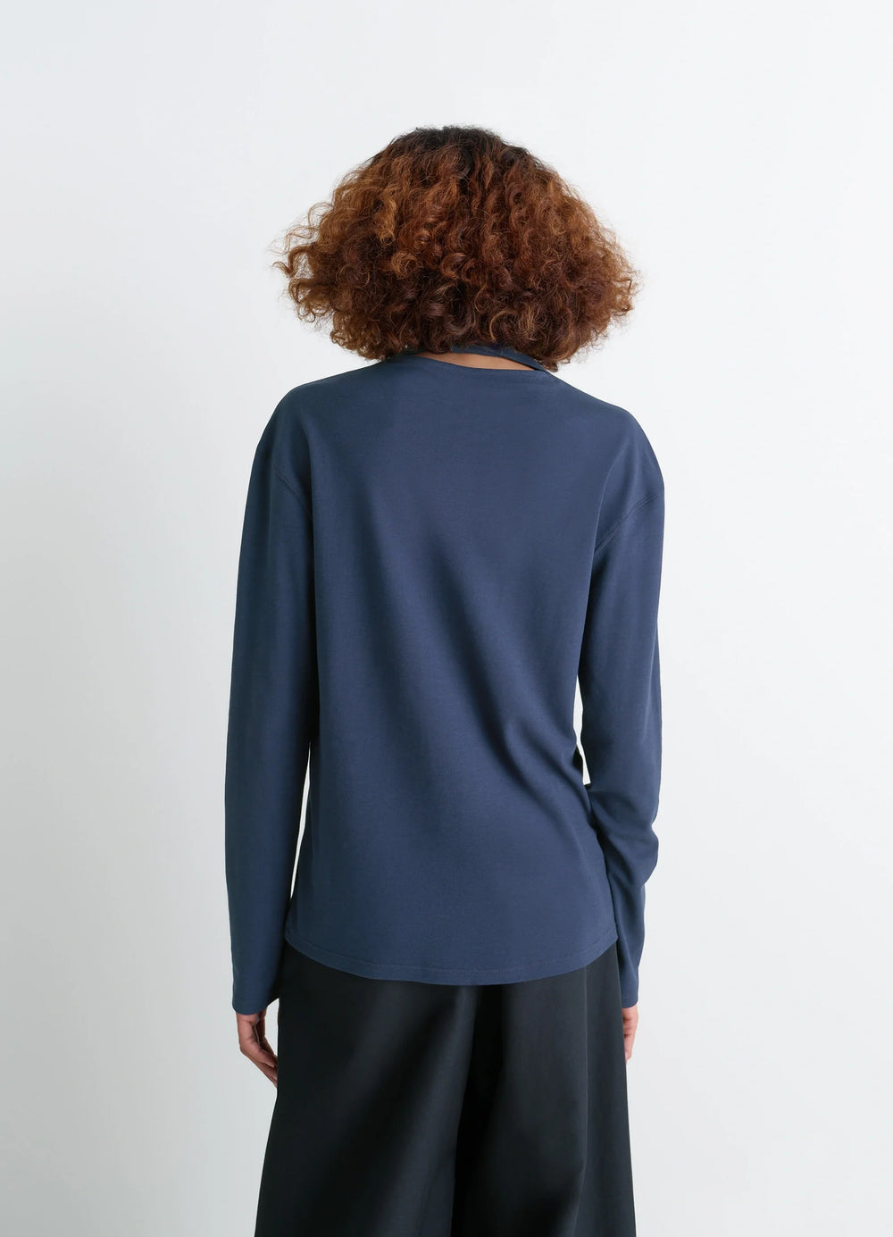 Lemaire Long Sleeve Foulard Top in Soft-touch crepe jersey, model shot, back view draped scarf visible