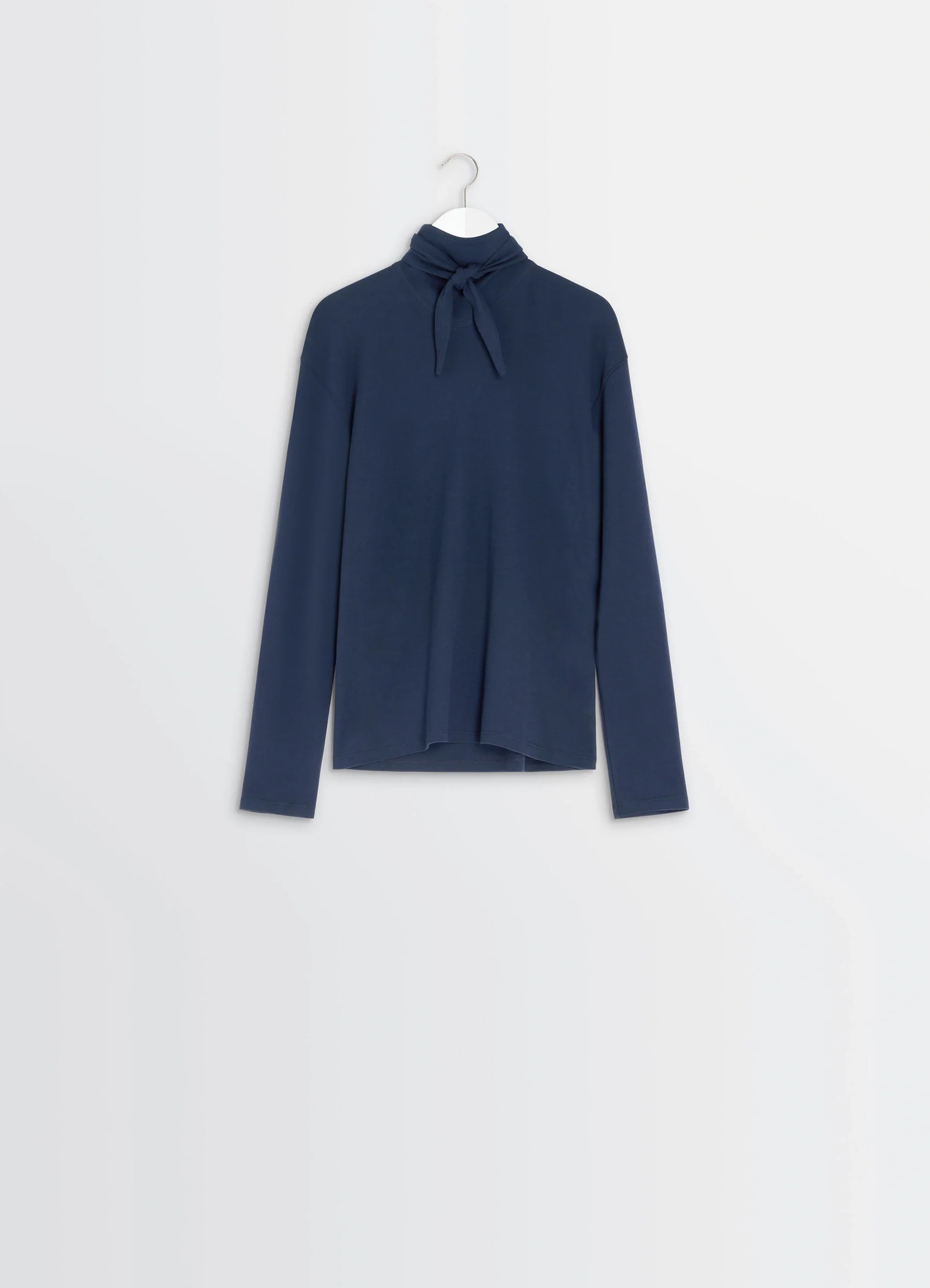 Lemaire long sleeve foulard top in soft-touch crepe jersey, product shot, hanger display angle tied scarf front, minimal styl