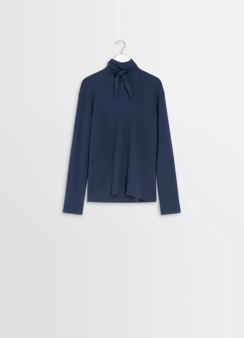 Lemaire Long Sleeve Foulard Top in Soft-touch crepe jersey, product shot, hanger display angle tied scarf front, minimal styl