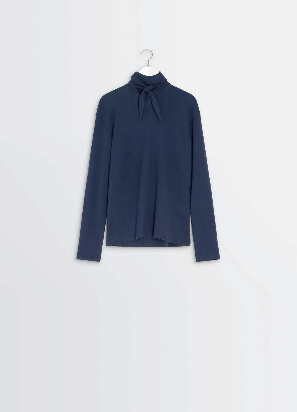 Lemaire Long Sleeve Foulard Top in Soft-touch crepe jersey, product shot, hanger display angle tied scarf front, minimal styl