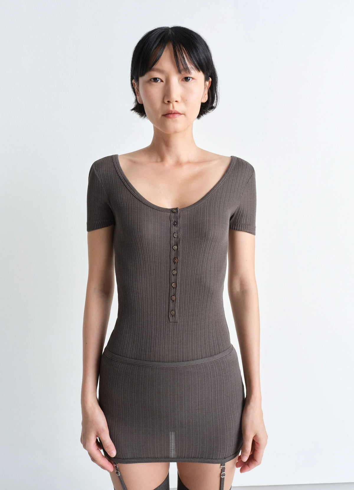 Lemaire Buttoned Rib Body in Viscose Silk, model shot, Front view Fitted cut, ribbed texture