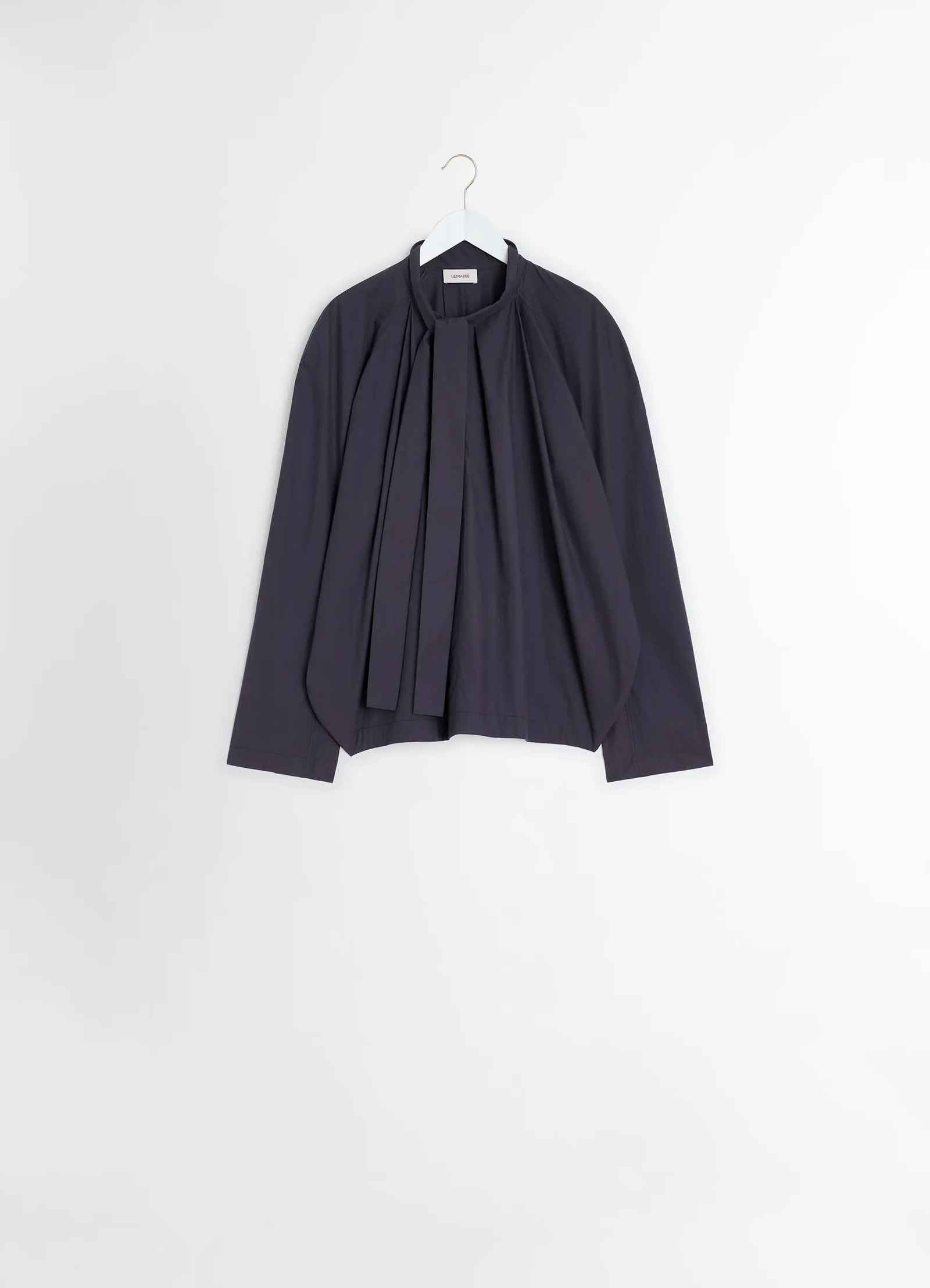 Lemaire ascot blouse in lightweight washed cotton poplin, product shot, back view gathered back pleats
