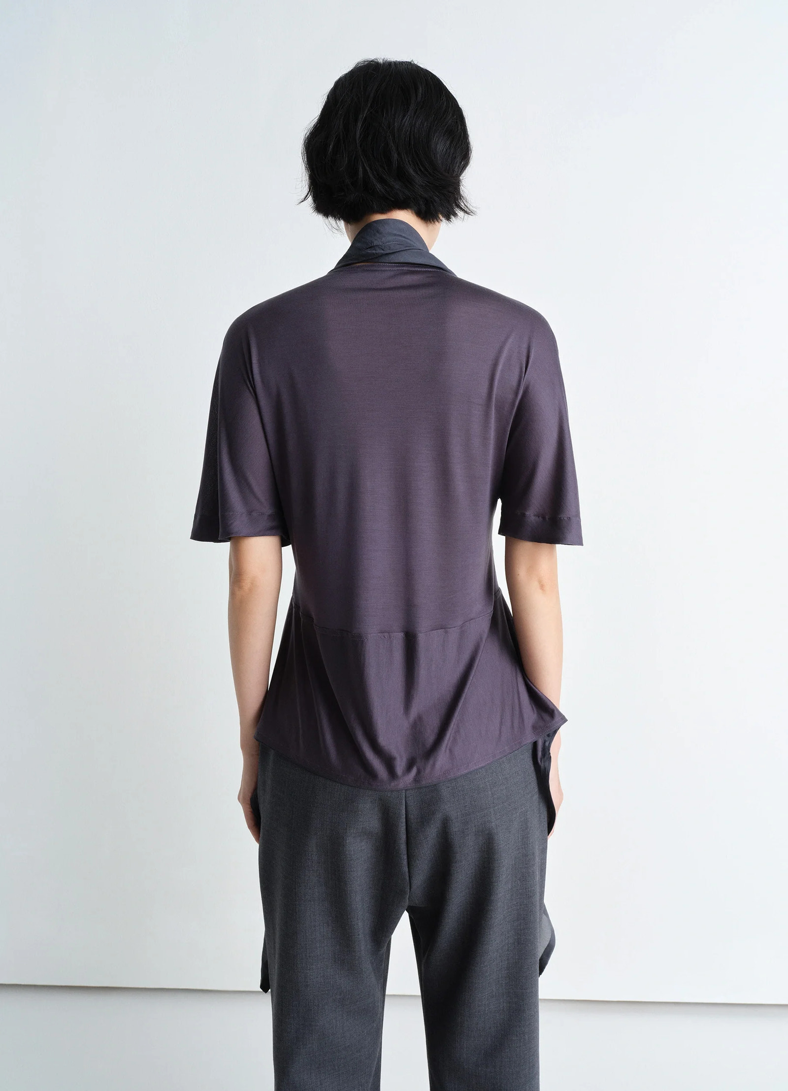 Lemaire mixed fabric knotted top in silk chiffon and jersey, model shot, back view draped back style