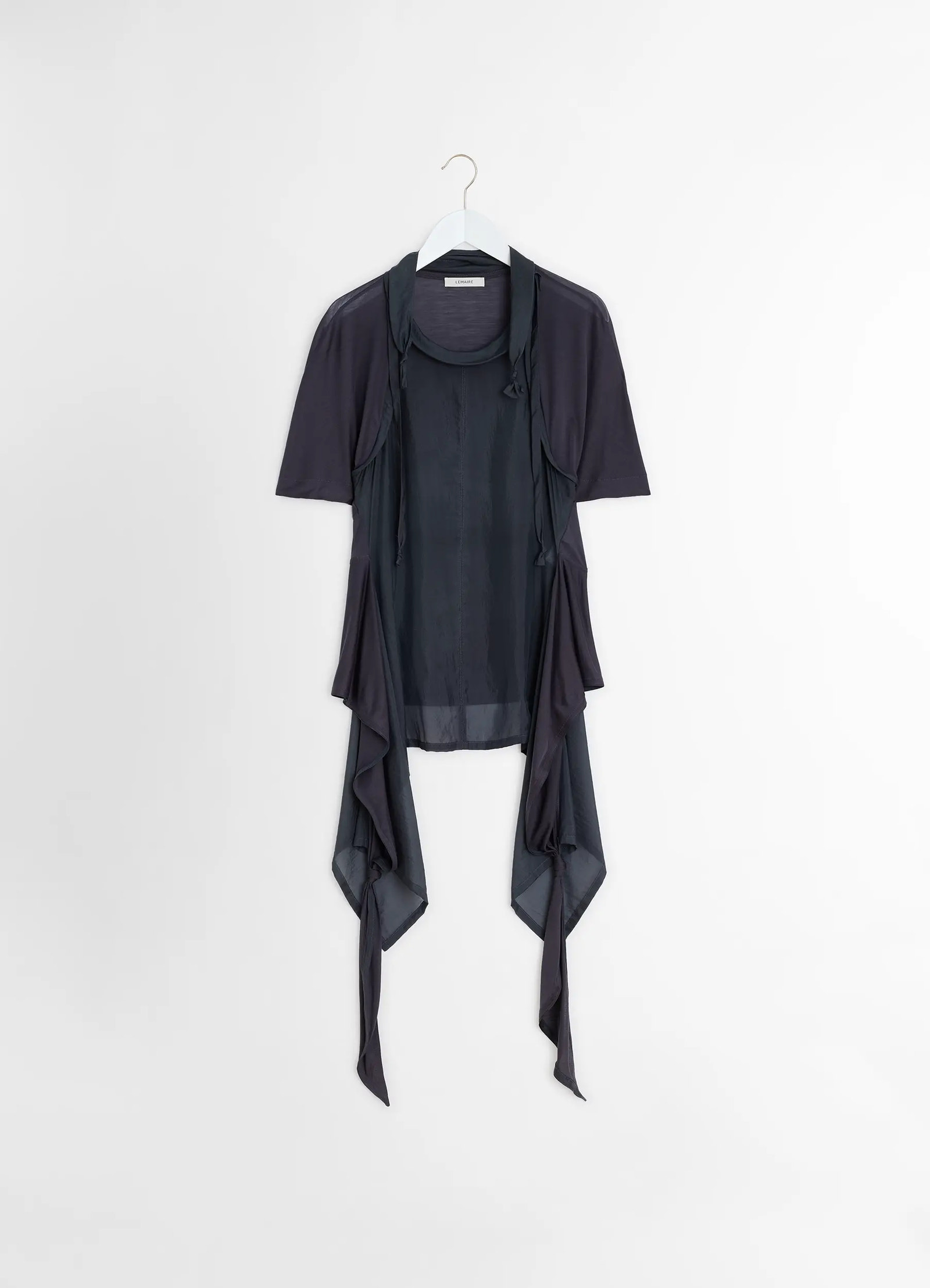 Lemaire mixed fabric knotted top in silk chiffon and jersey, product shot, hanger view tiered hemline