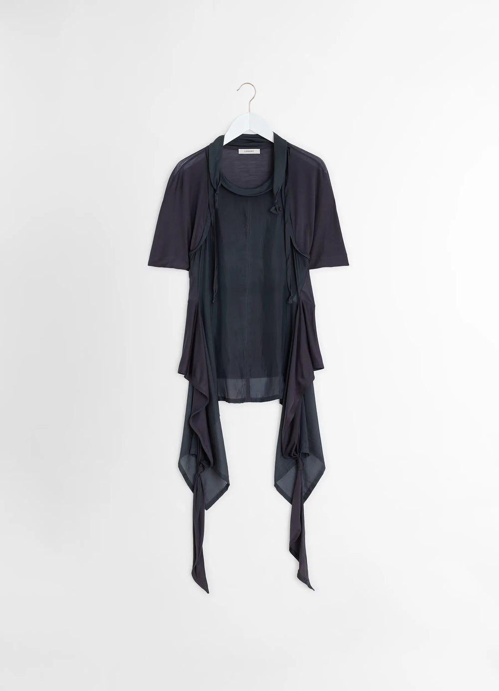 Lemaire Mixed Fabric Knotted Top in Silk Chiffon and Jersey, product shot, hanger view tiered hemline