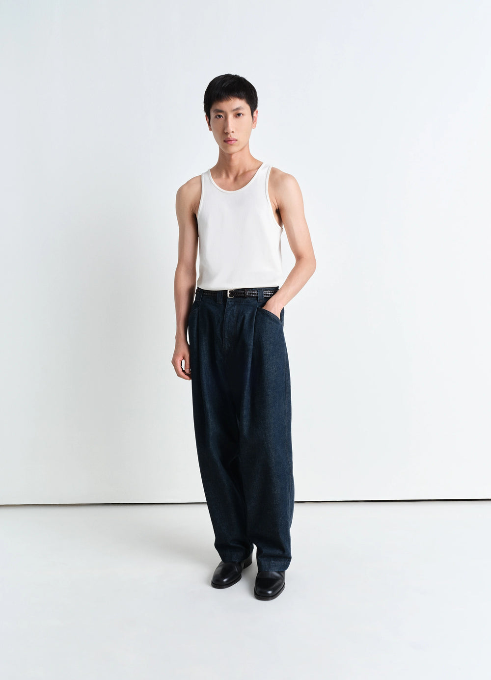 Lemaire Tank Top in Mid-weight Cotton Jersey, model shot, full body view relaxed fit