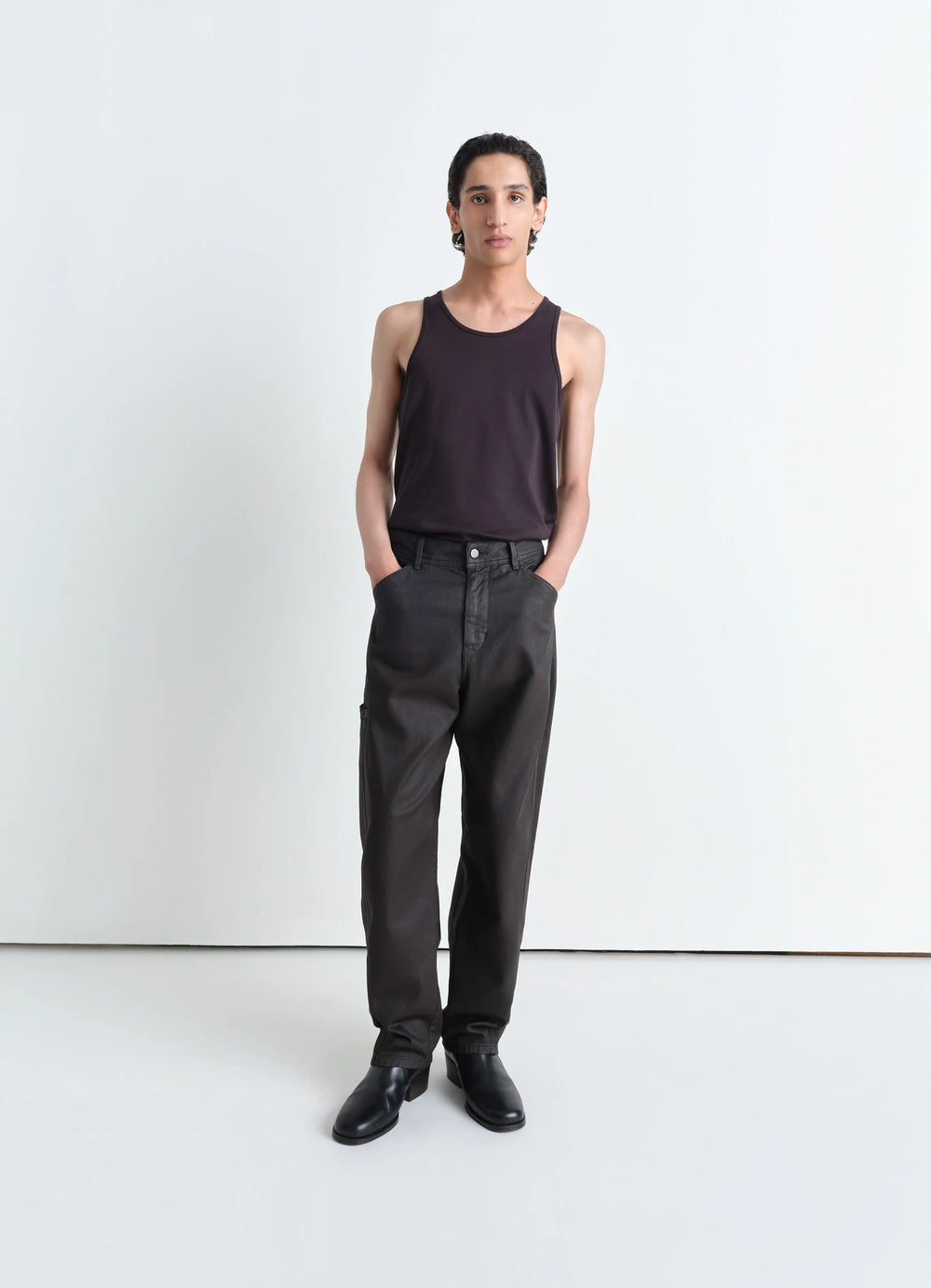 Lemaire Tank Top in Mid-weight Cotton Jersey, model shot, full body side view relaxed fit