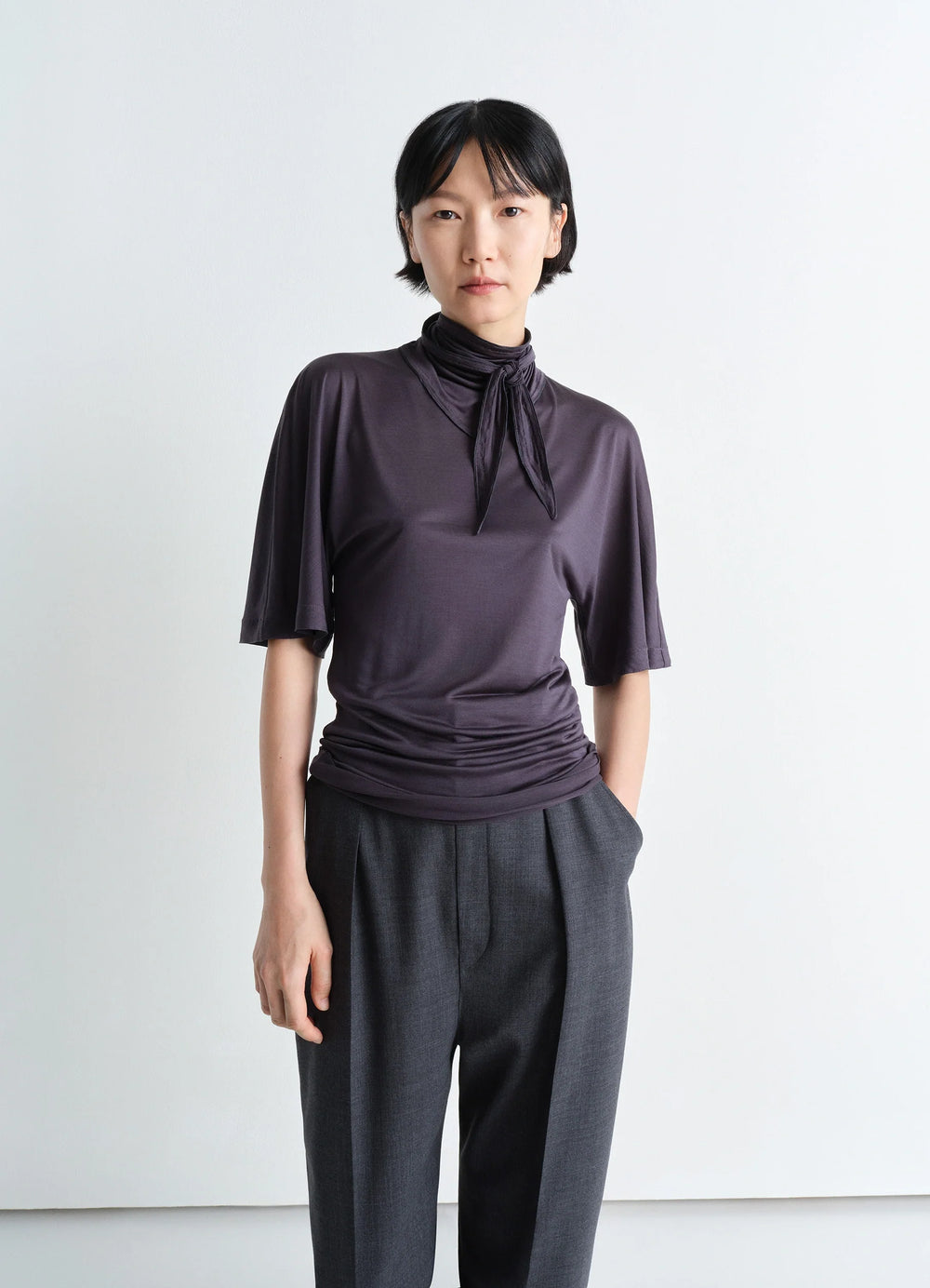 Short Sleeve Foulard Top in Silk Jersey, model shot, Front view Gently fitted silhouette