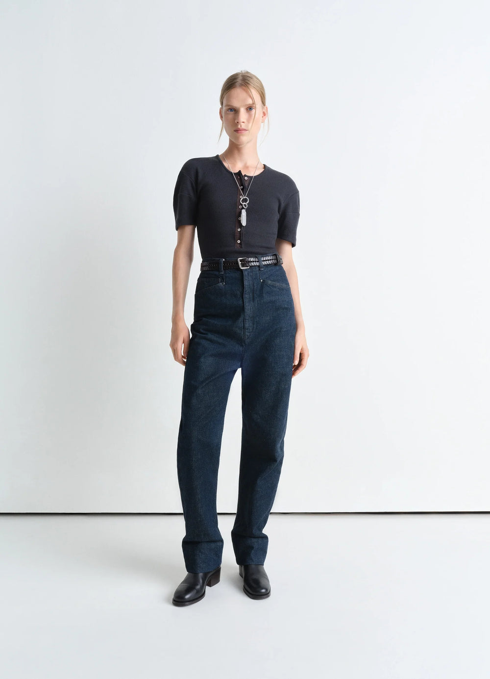 Fitted Henley in Cotton Linen Rib Jersey, model shot, three-quarter view short sleeve top