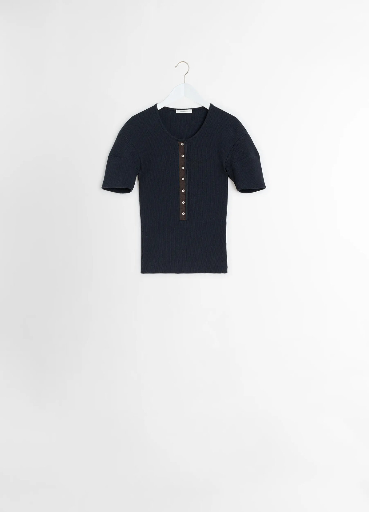 Fitted henley in cotton linen rib jersey, product shot, hanger view buttoned henley placket