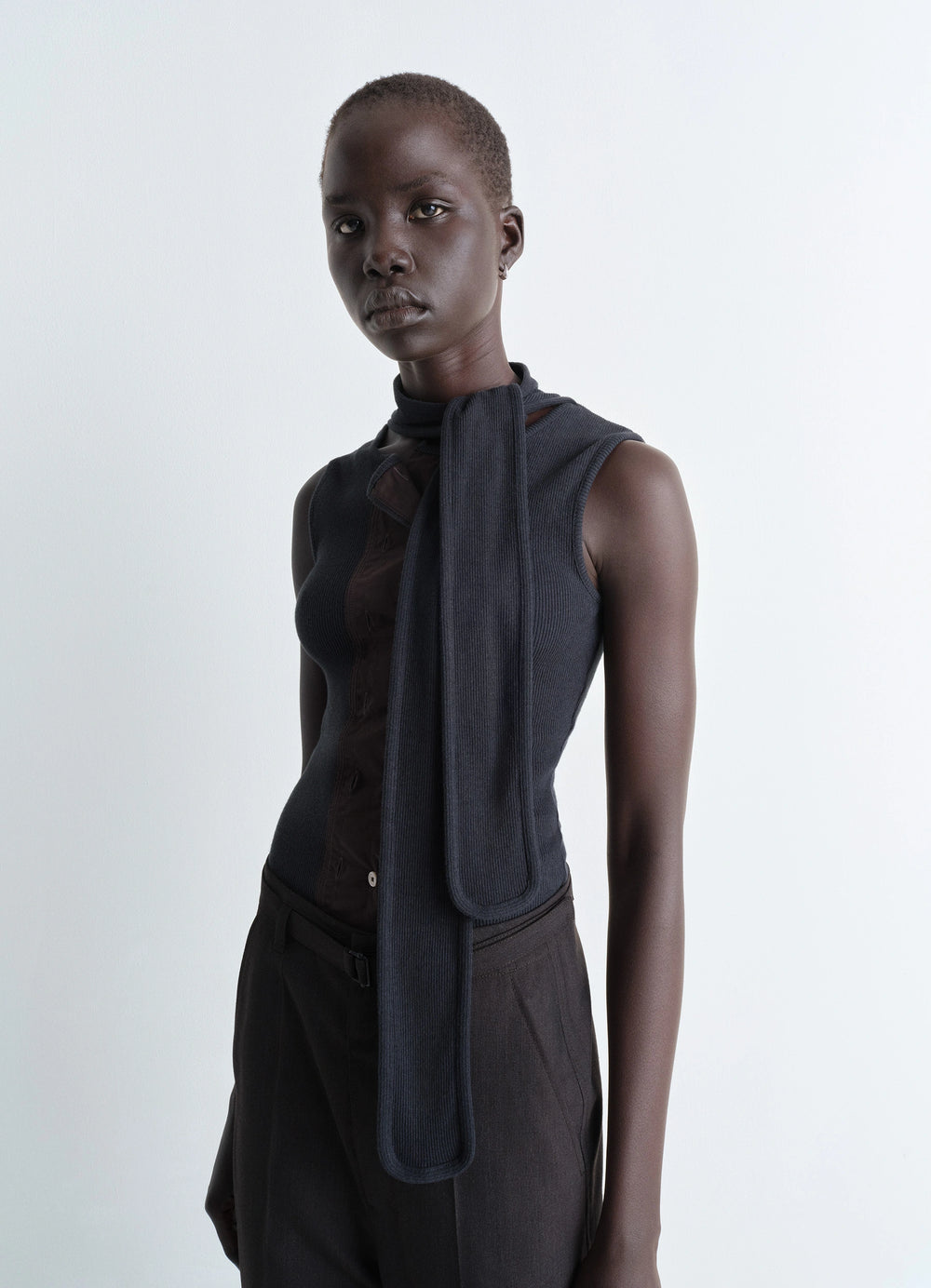 Asymmetrical Fitted Top in Cotton Lined Rib Jersey, model shot, Front view Sleeveless with neck scarf
