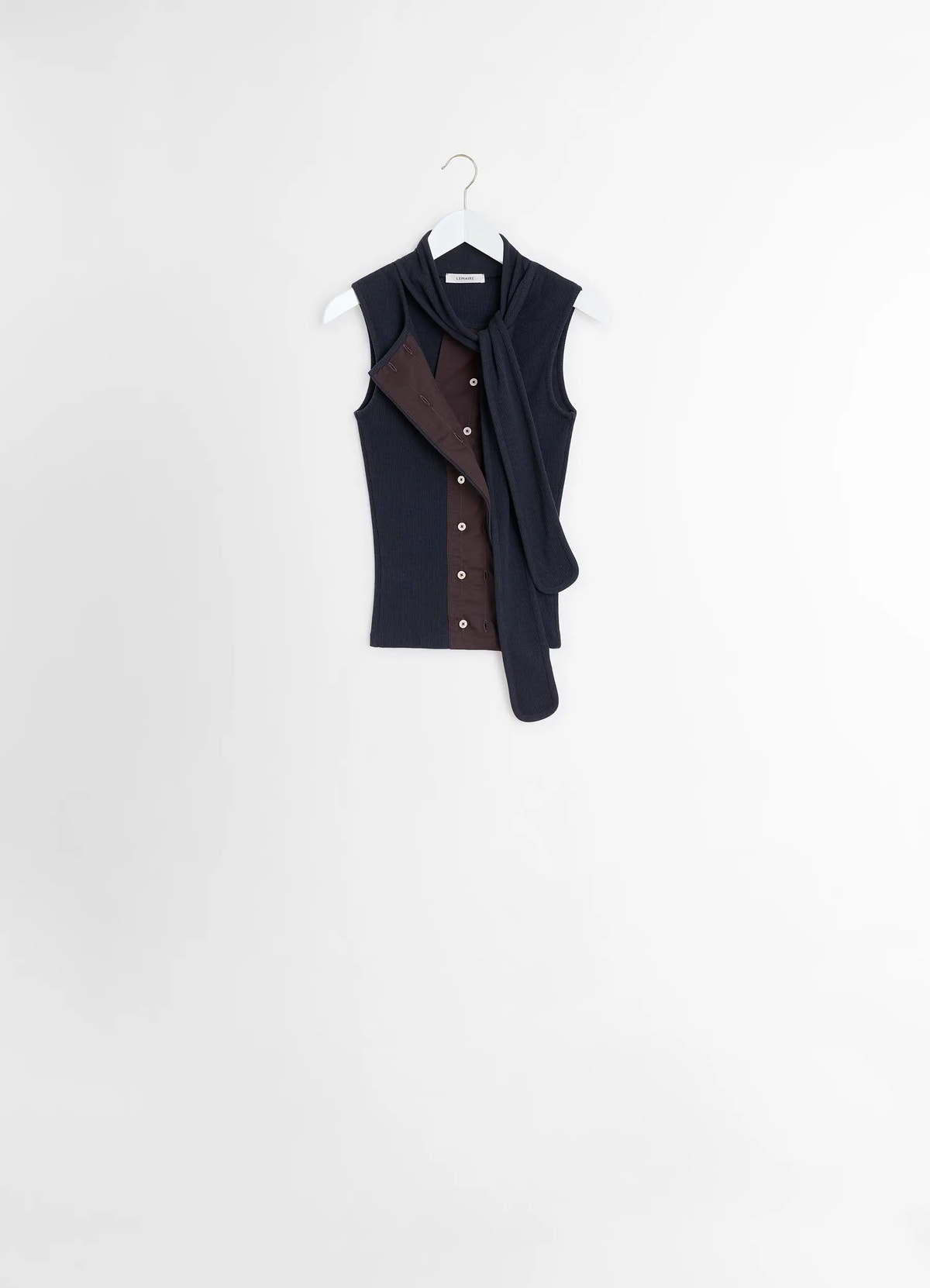 Asymmetrical fitted top in cotton lined rib jersey, product shot, hanger angled side view asymmetrical open button placket