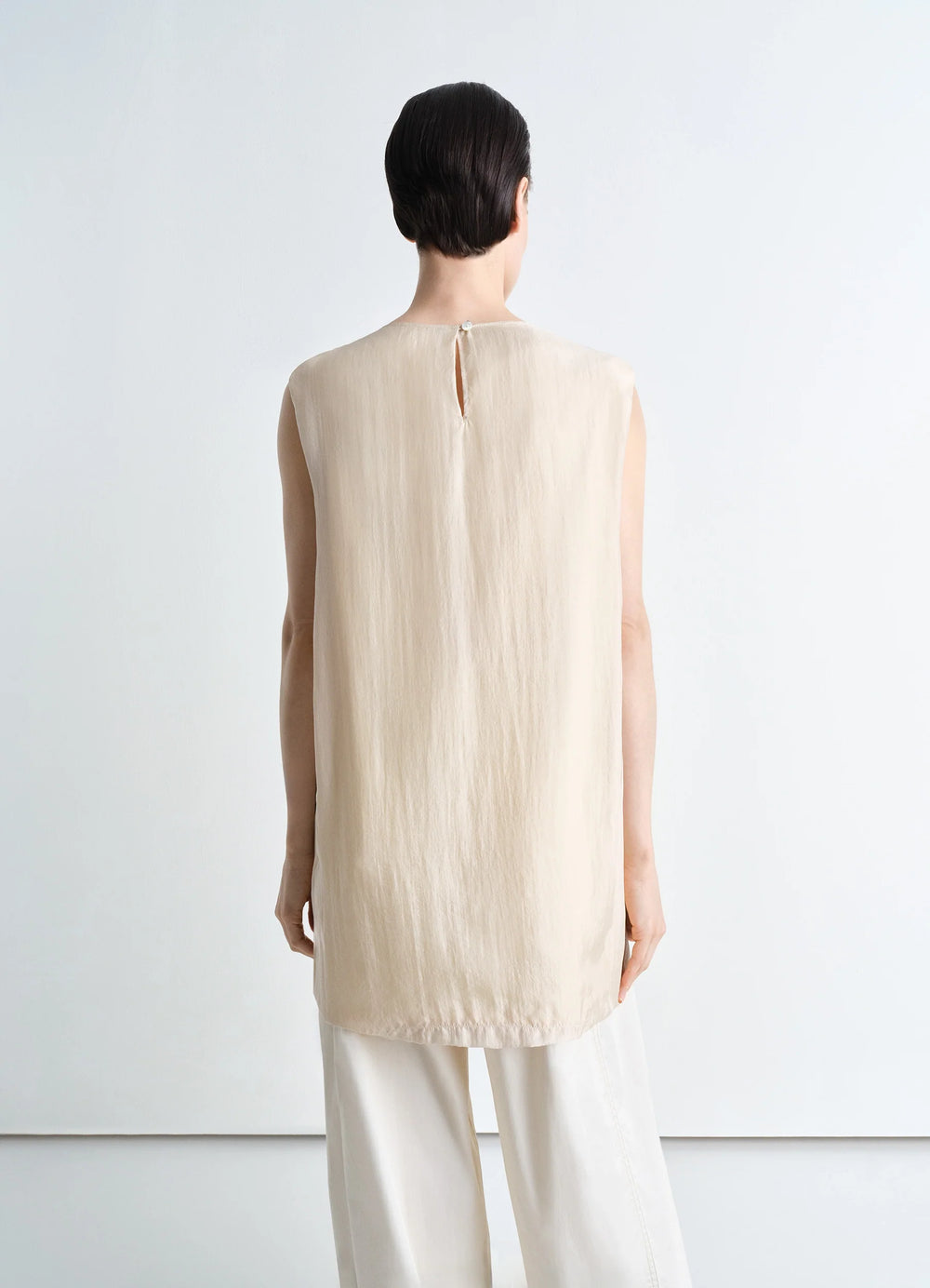 Philippe Weisbecker Double Layer To in Airy Light Silk Chiffon, model shot, back view sleeveless keyhole back