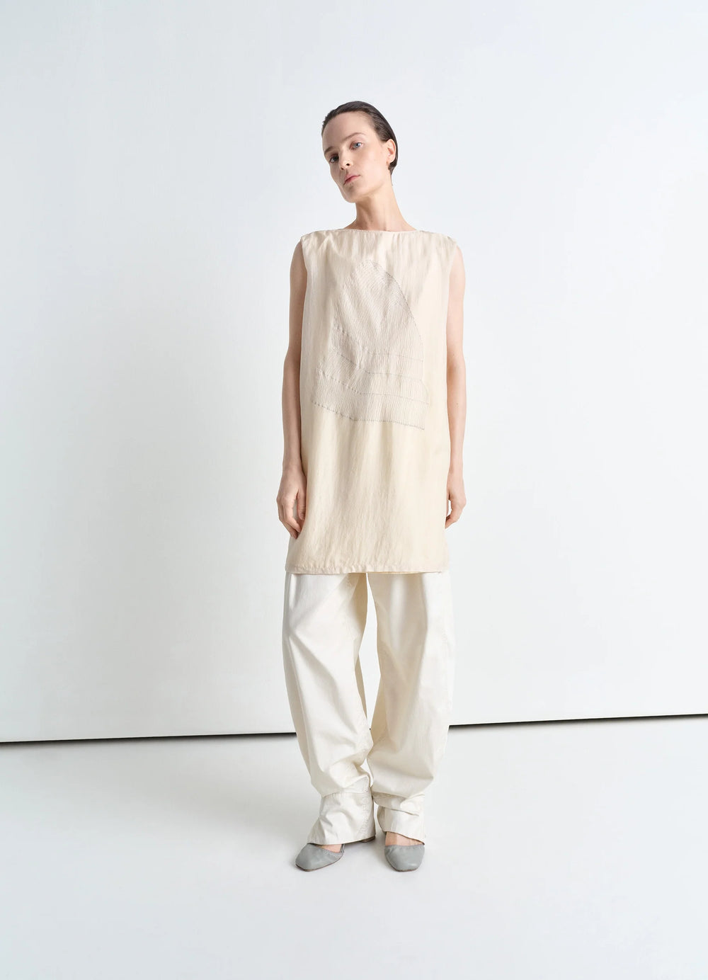 Philippe Weisbecker Double Layer To in Airy Light Silk Chiffon, model shot, three-quarter view asymmetric hem drape