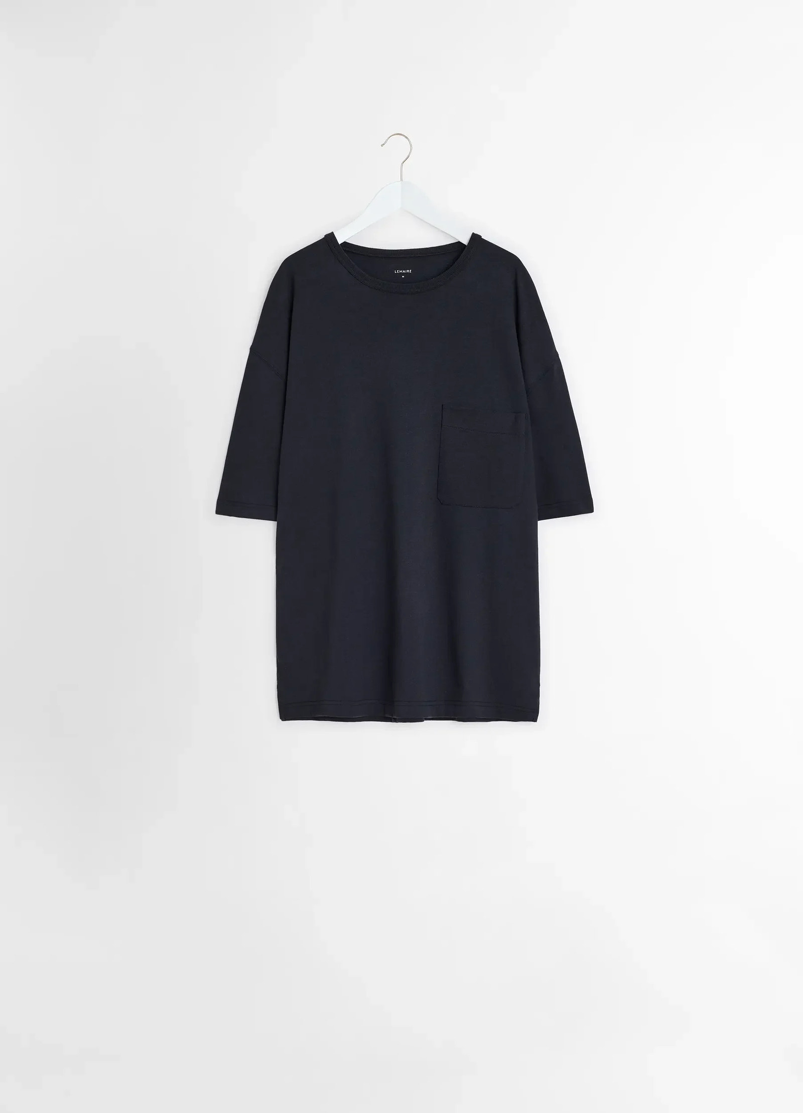 Lemaire boxy short sleeve t-shirt in fluid linen cotton jersey, product shot, side detail shot oversized with elbow sleeves