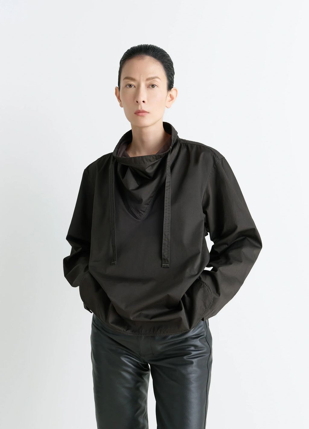 VAREUSE TOP - Lemaire in Dark Cotton Satin, model shot, Front view High neck, relaxed fit