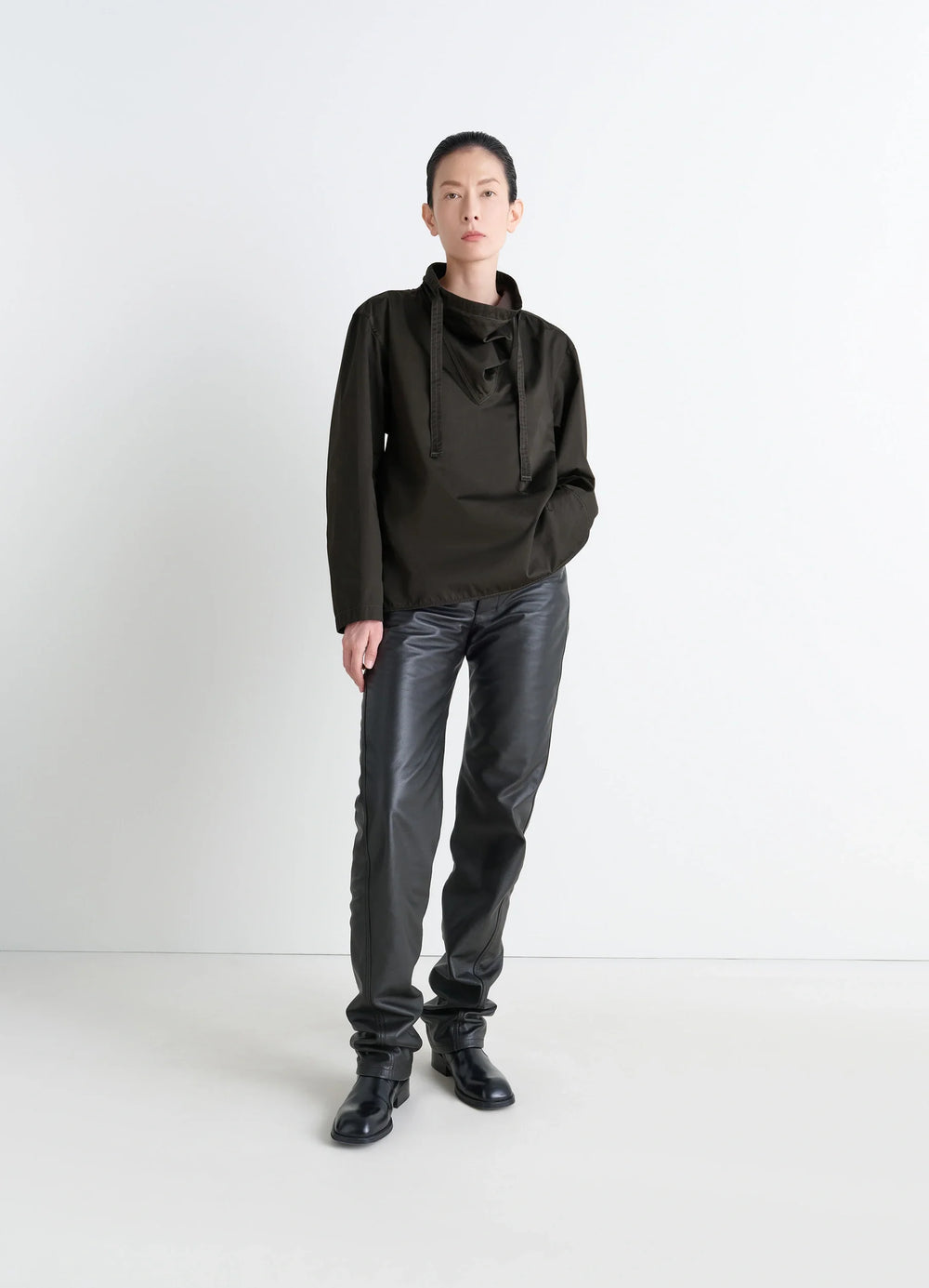 VAREUSE TOP - Lemaire in Dark Cotton Satin, model shot, three-quarter view drawstring collar