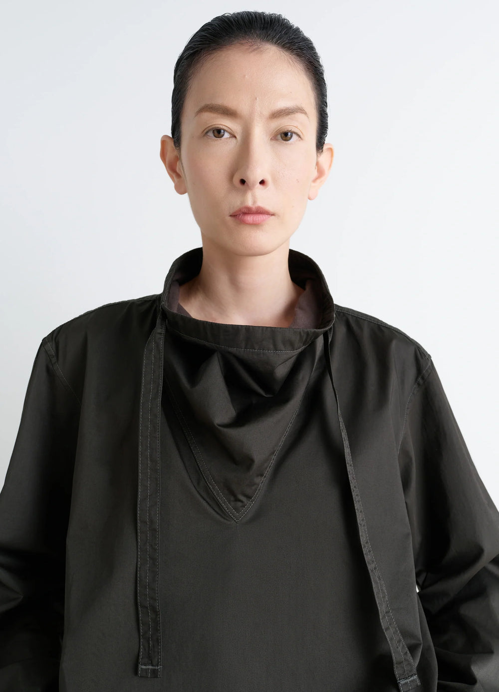 VAREUSE TOP - Lemaire in Dark Cotton Satin, model shot, close-up view drawstring neckline