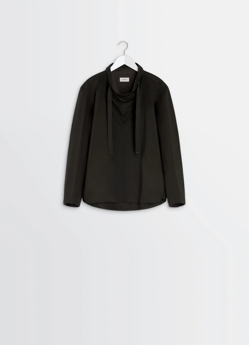 VAREUSE TOP - Lemaire in Dark Cotton Satin, product shot, hanger view curved hem