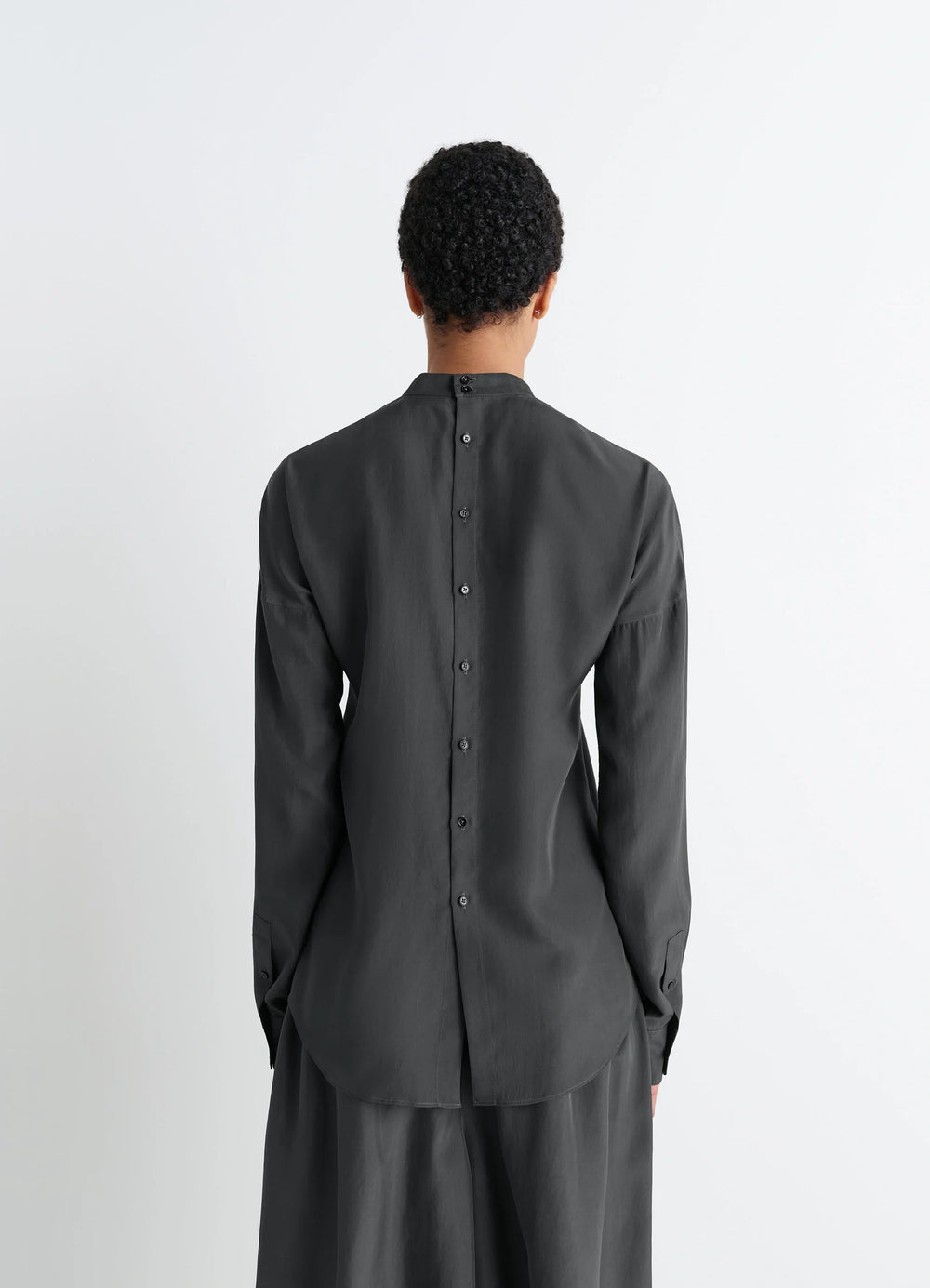 Light Plastron Top in Black Silk Pongee, model shot, back full view rounded back hem