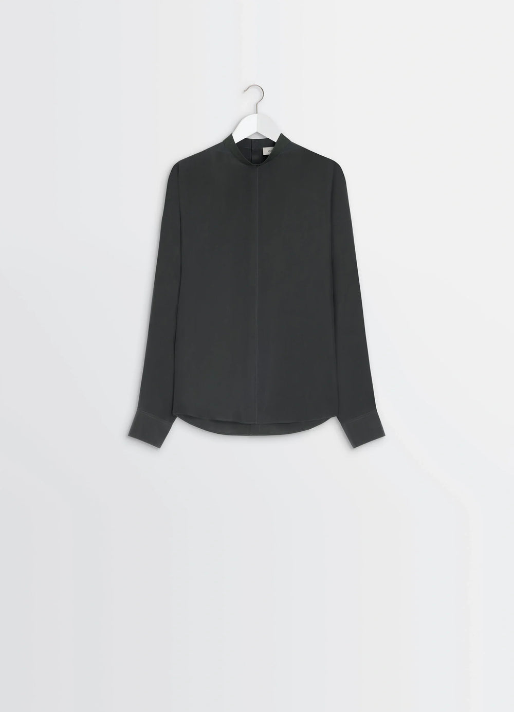 Light Plastron Top in Black Silk Pongee, product shot, side detail view straight front seam, high cuffs