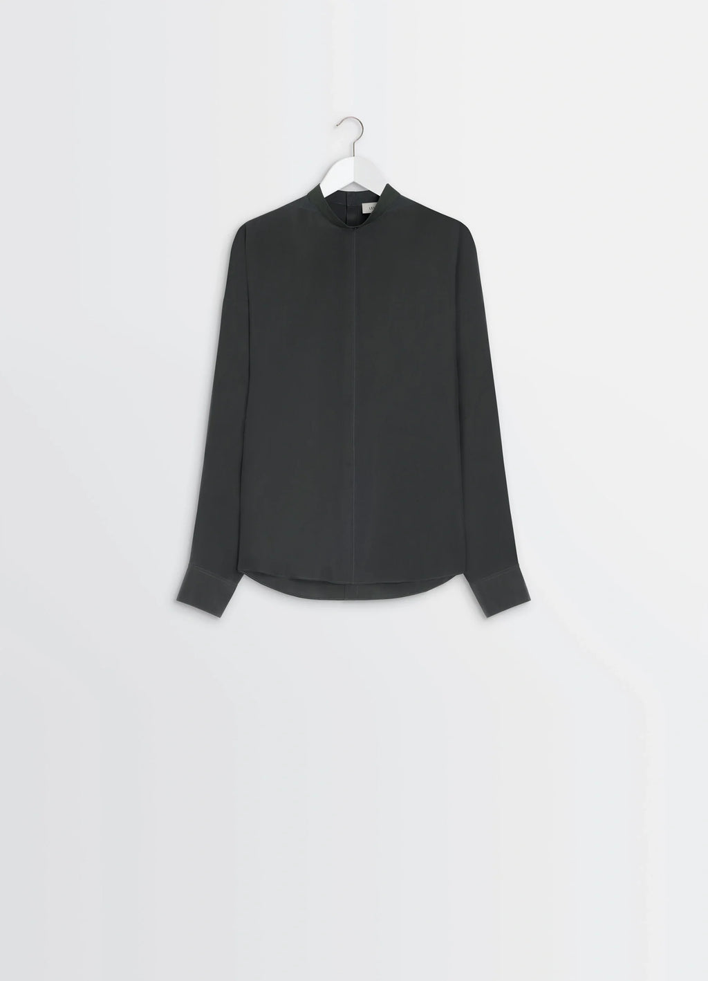 Light Plastron Top in Black Silk Pongee, product shot, side detail view straight front seam, high cuffs