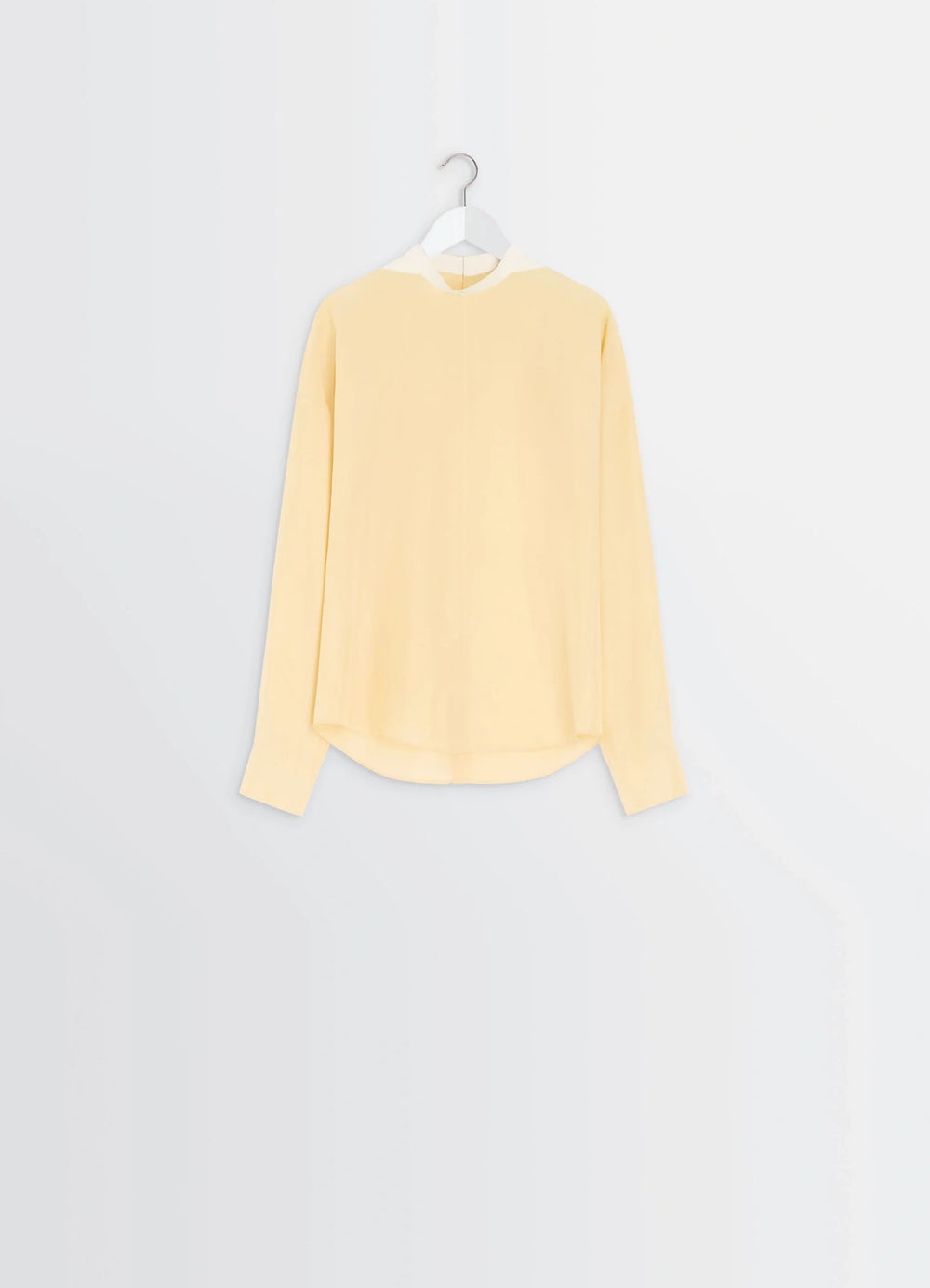 Light Plastron Top in Silk Pongee, product shot, back full view asymmetrical hem, sleek fit